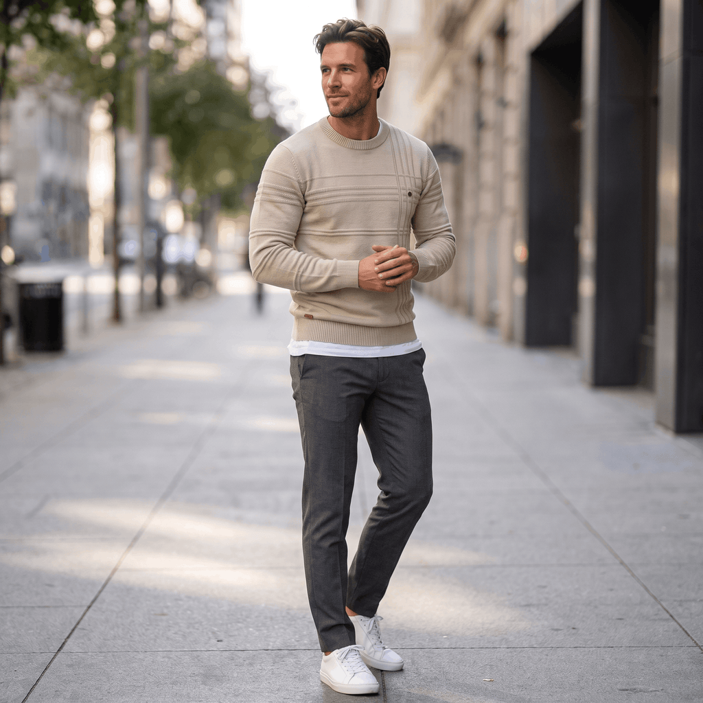 Marcus Cotton Knit Sweater – Crosshatch Crew Neck Pullover