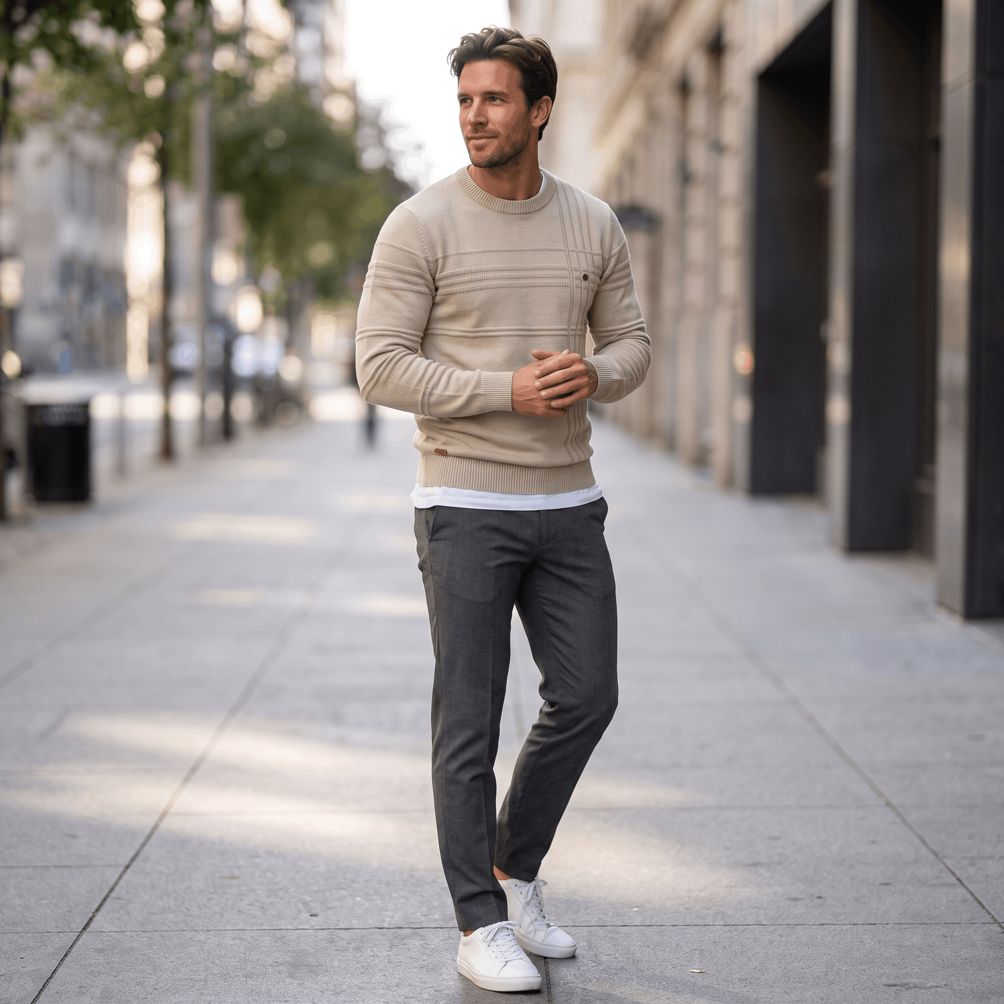 Marcus Cotton Knit Sweater – Crosshatch Crew Neck Pullover