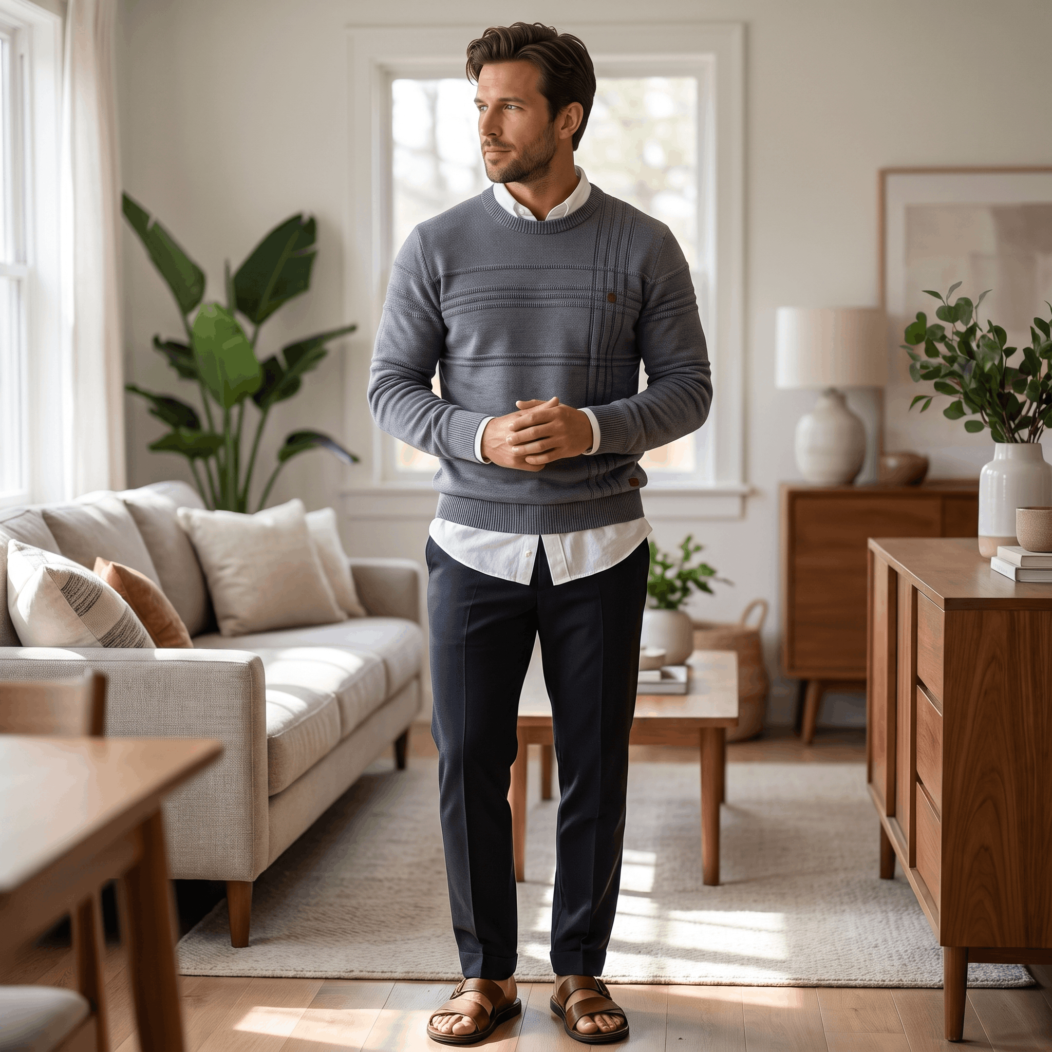 Marcus Cotton Knit Sweater – Crosshatch Crew Neck Pullover