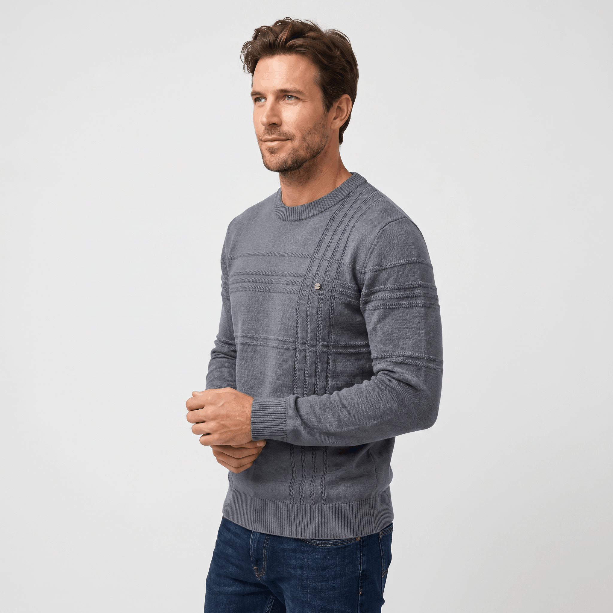 Marcus Cotton Knit Sweater – Crosshatch Crew Neck Pullover
