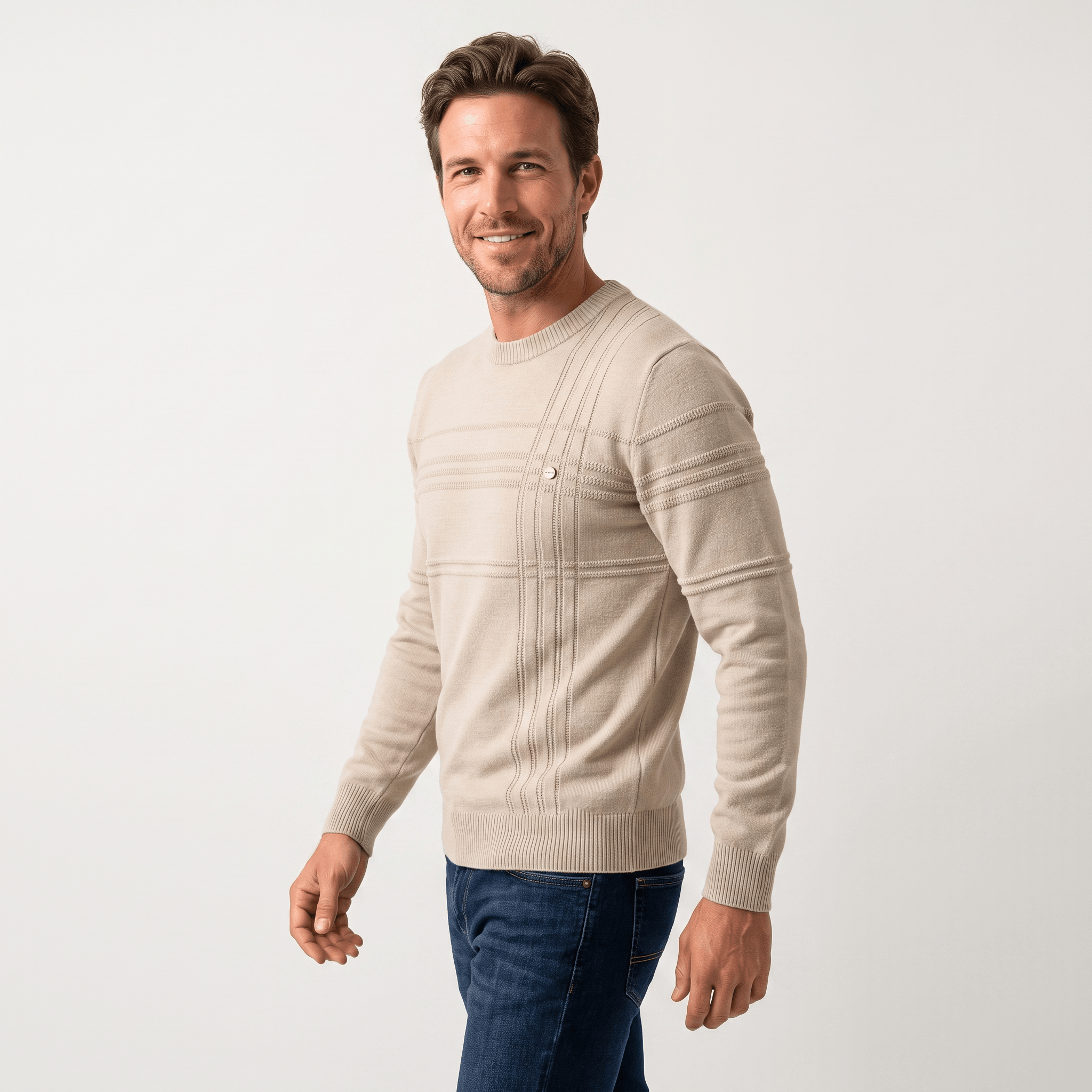 Marcus Cotton Knit Sweater – Crosshatch Crew Neck Pullover