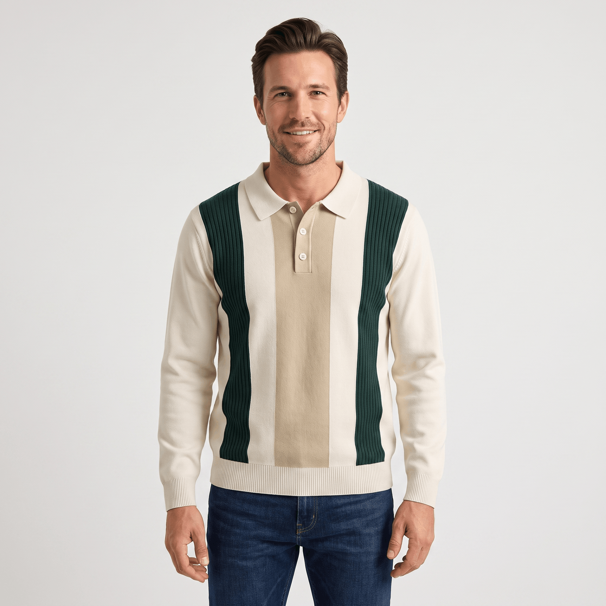 Julian Knit Polo Sweater – Ribbed Color Block Long Sleeve Top