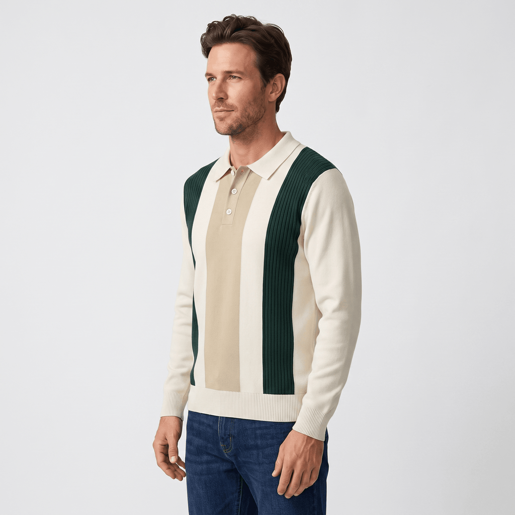 Julian Knit Polo Sweater – Ribbed Color Block Long Sleeve Top