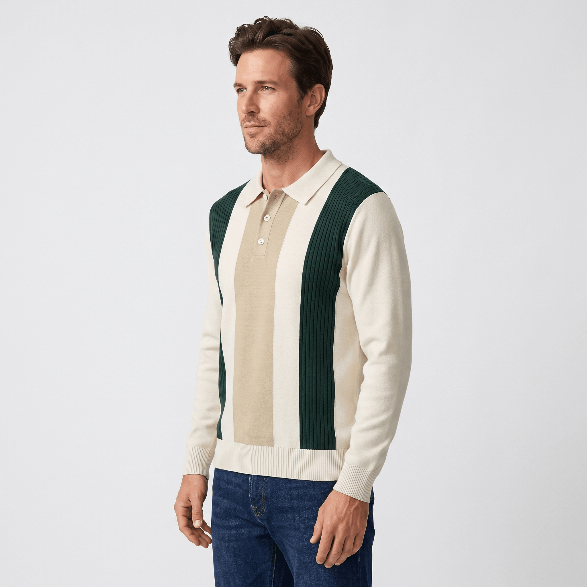 Julian Knit Polo Sweater – Ribbed Color Block Long Sleeve Top
