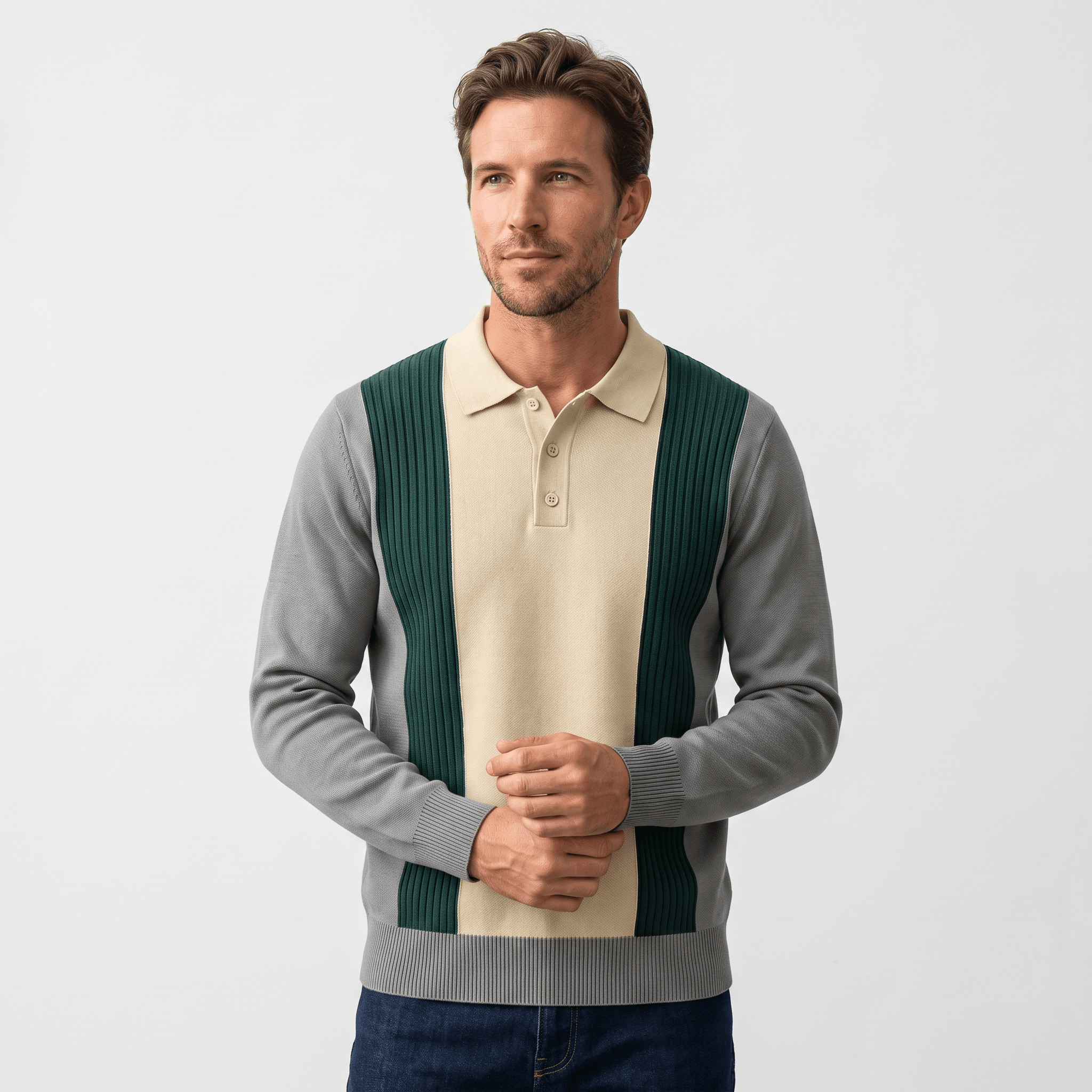 Julian Knit Polo Sweater – Ribbed Color Block Long Sleeve Top