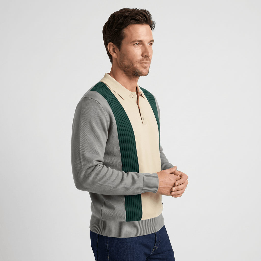 Julian Knit Polo Sweater – Ribbed Color Block Long Sleeve Top
