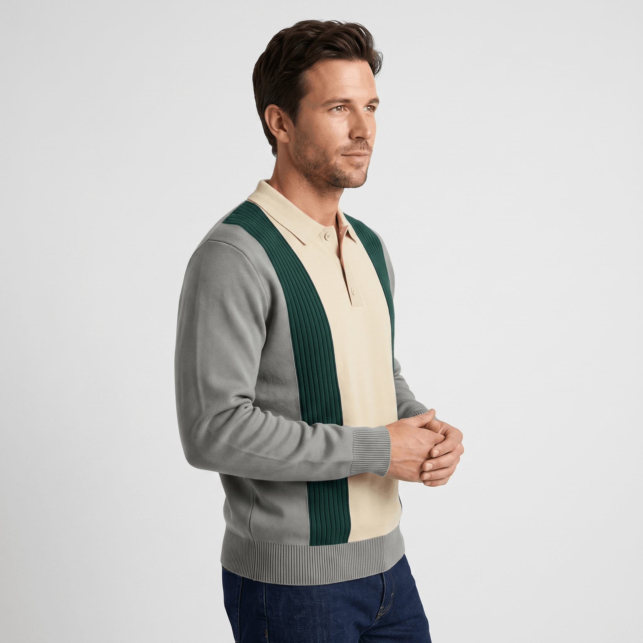 Julian Knit Polo Sweater – Ribbed Color Block Long Sleeve Top