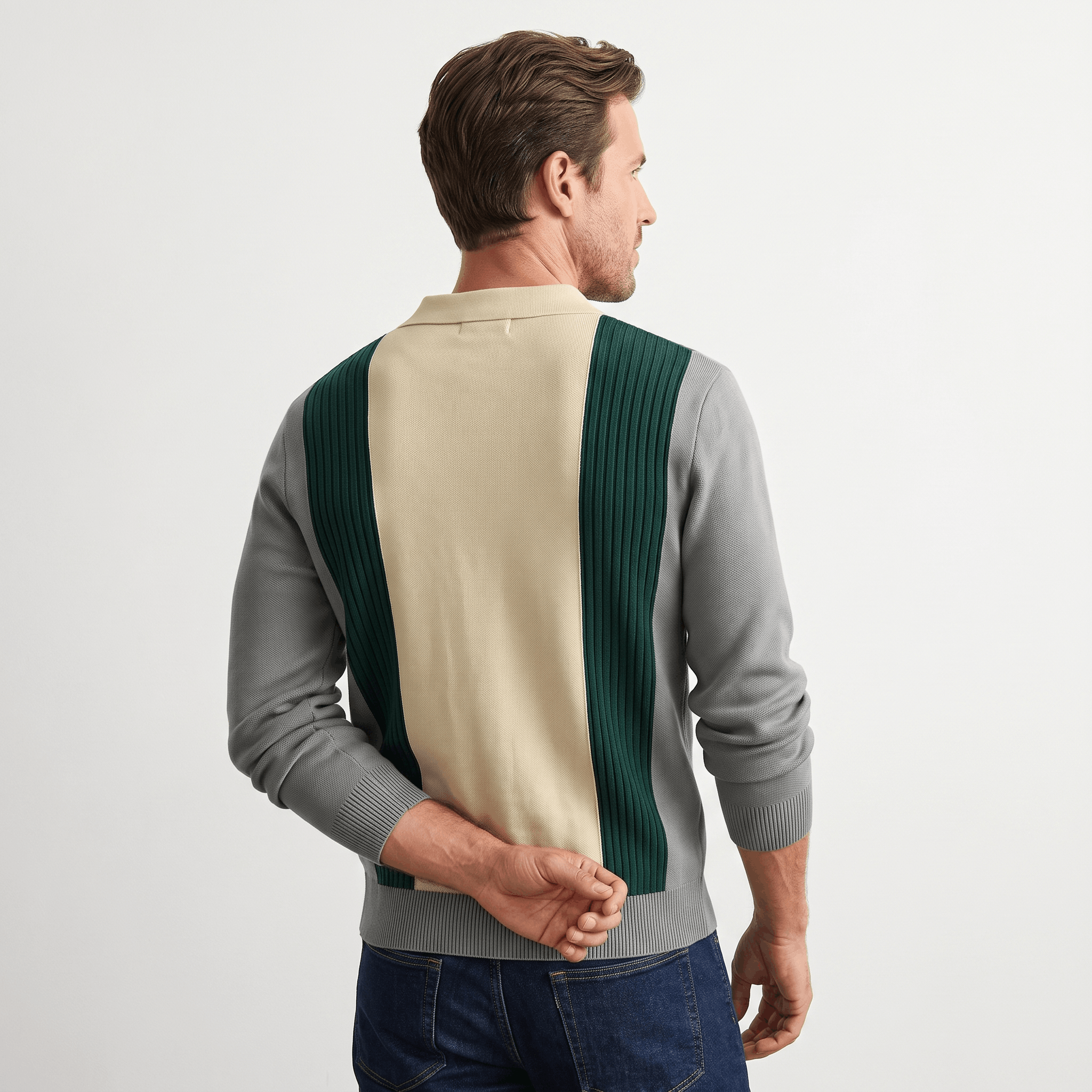 Julian Knit Polo Sweater – Ribbed Color Block Long Sleeve Top