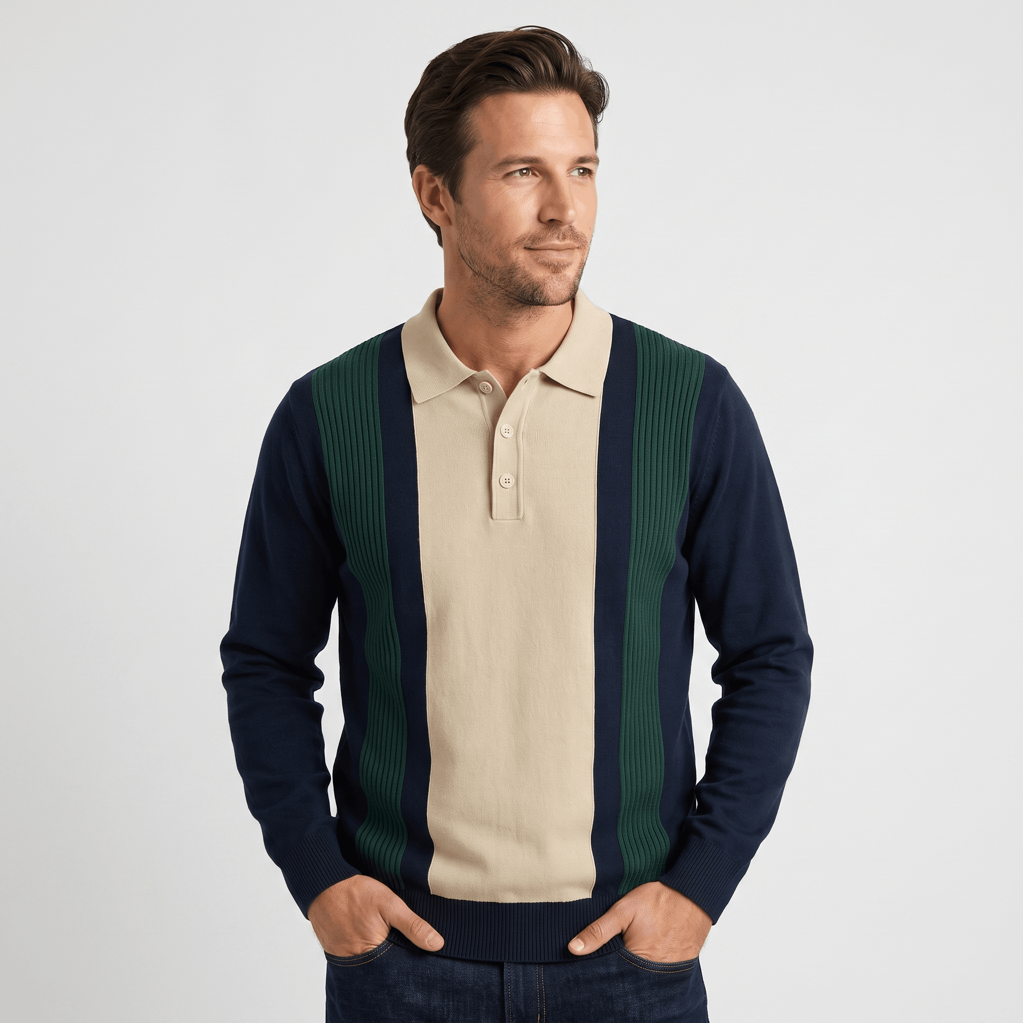 Julian Knit Polo Sweater – Ribbed Color Block Long Sleeve Top