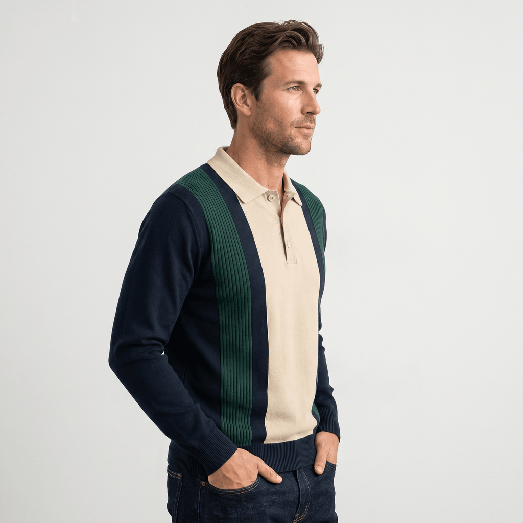 Julian Knit Polo Sweater – Ribbed Color Block Long Sleeve Top
