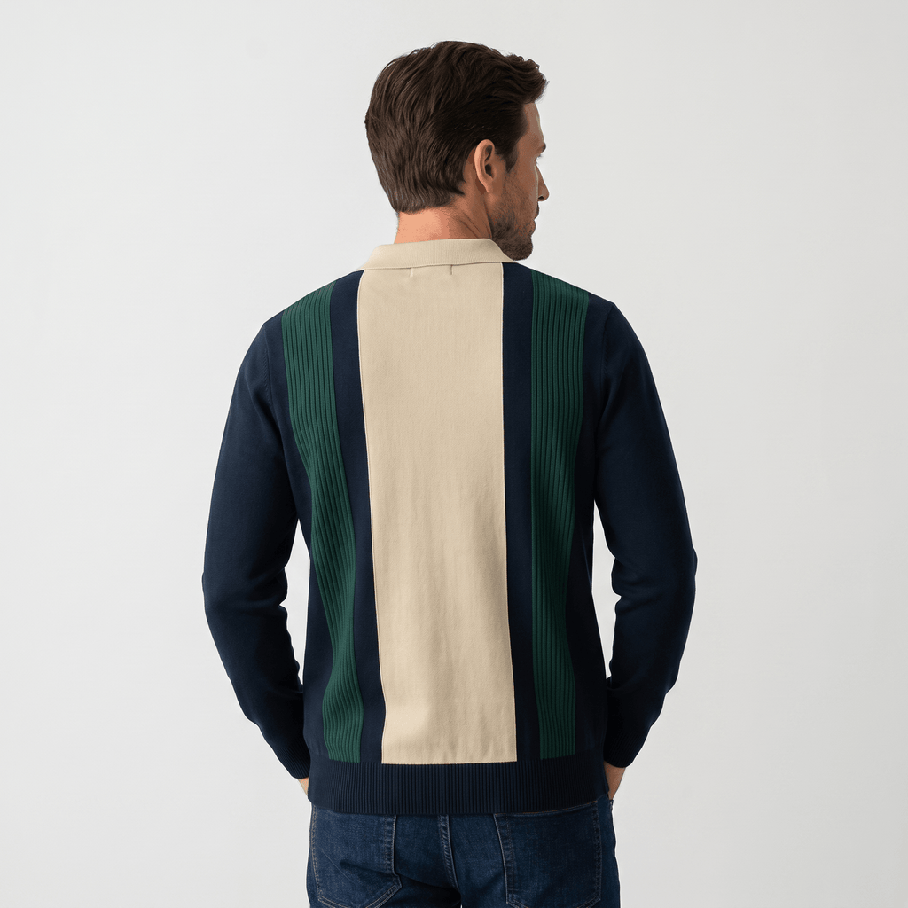 Julian Knit Polo Sweater – Ribbed Color Block Long Sleeve Top