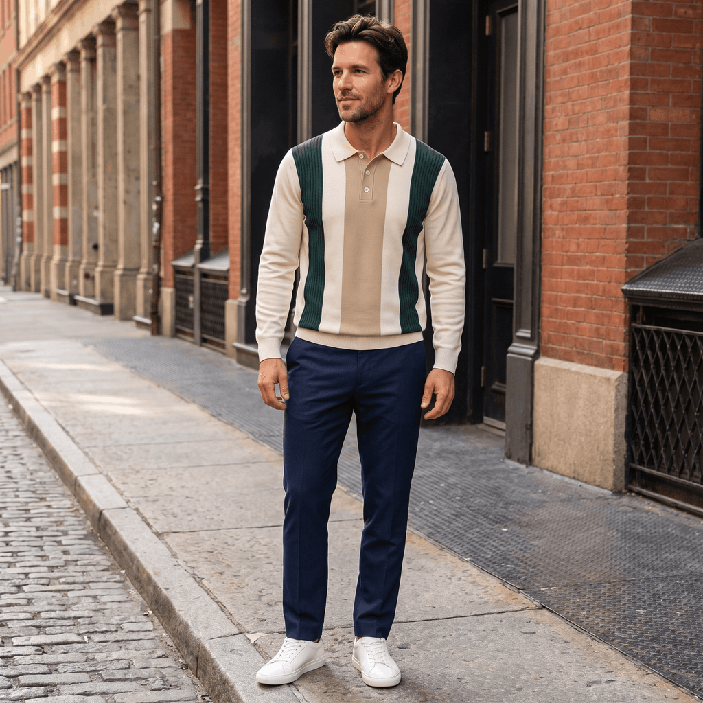 Julian Knit Polo Sweater – Ribbed Color Block Long Sleeve Top