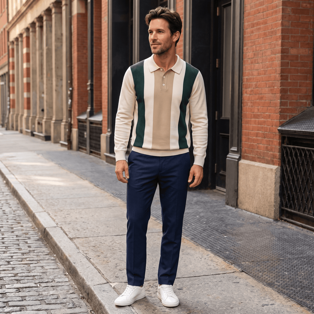 Julian Knit Polo Sweater – Ribbed Color Block Long Sleeve Top