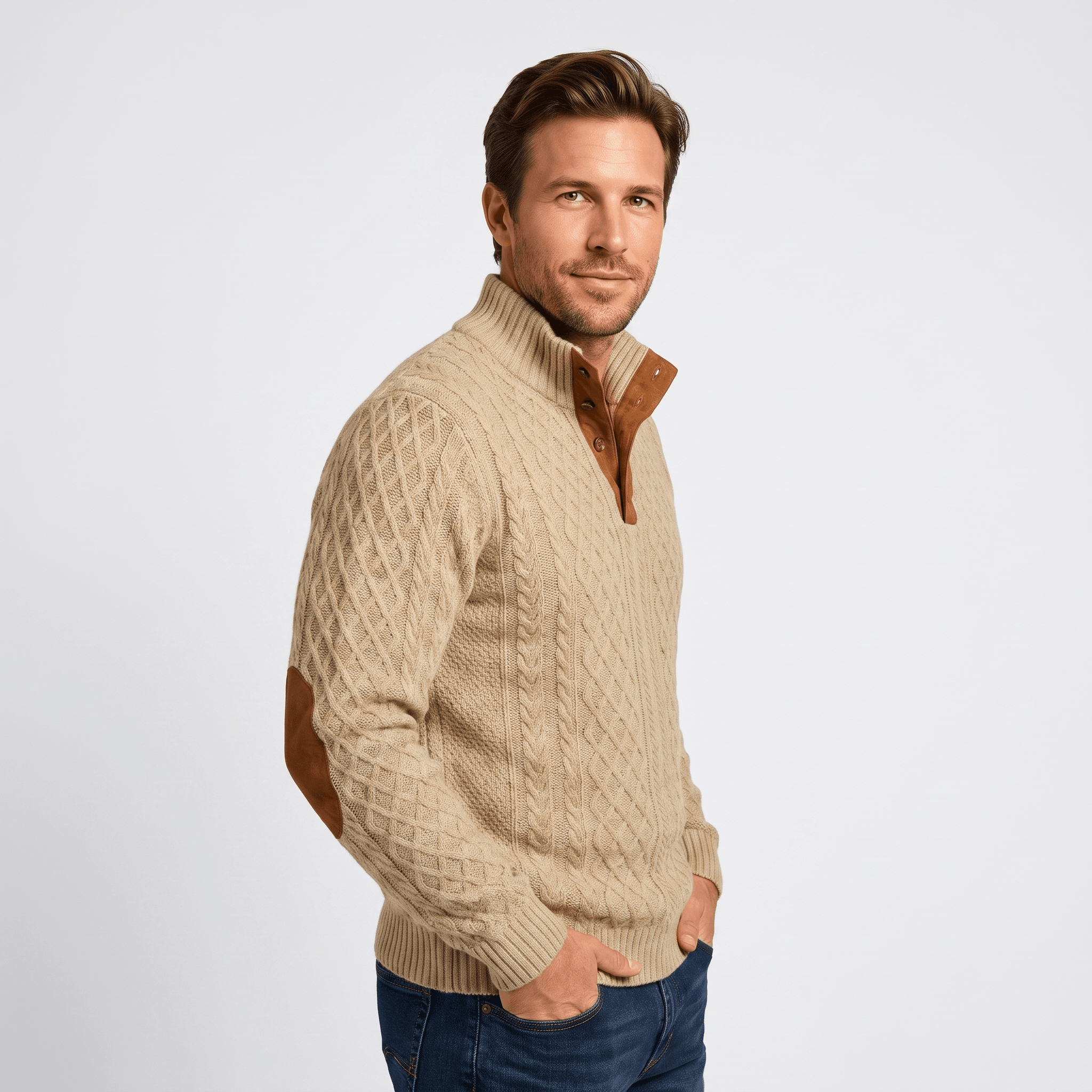 Harrison Cable Knit Sweater – Button Mock Neck Jacquard Pullover