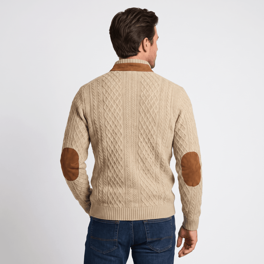 Harrison Cable Knit Sweater – Button Mock Neck Jacquard Pullover