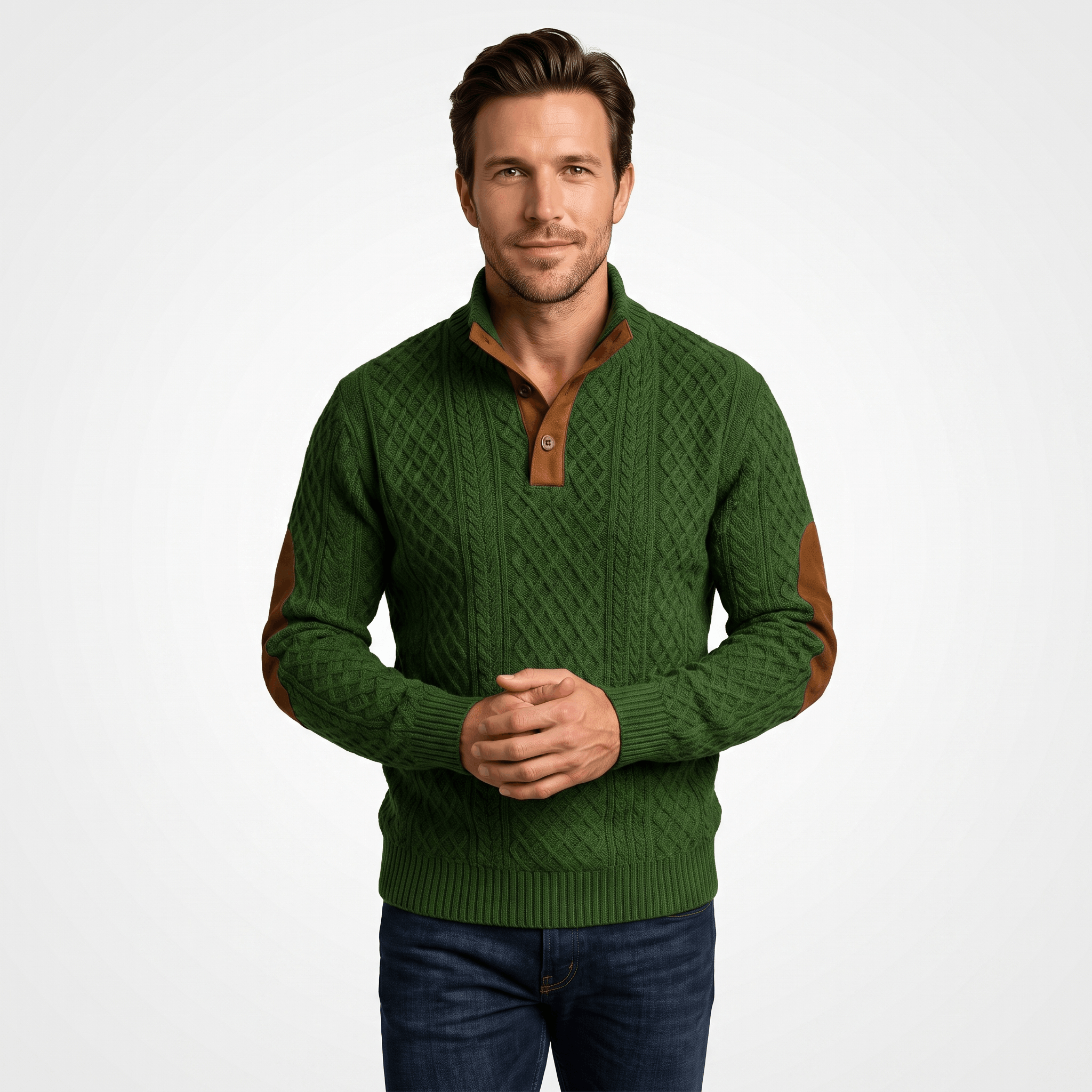 Harrison Cable Knit Sweater – Button Mock Neck Jacquard Pullover