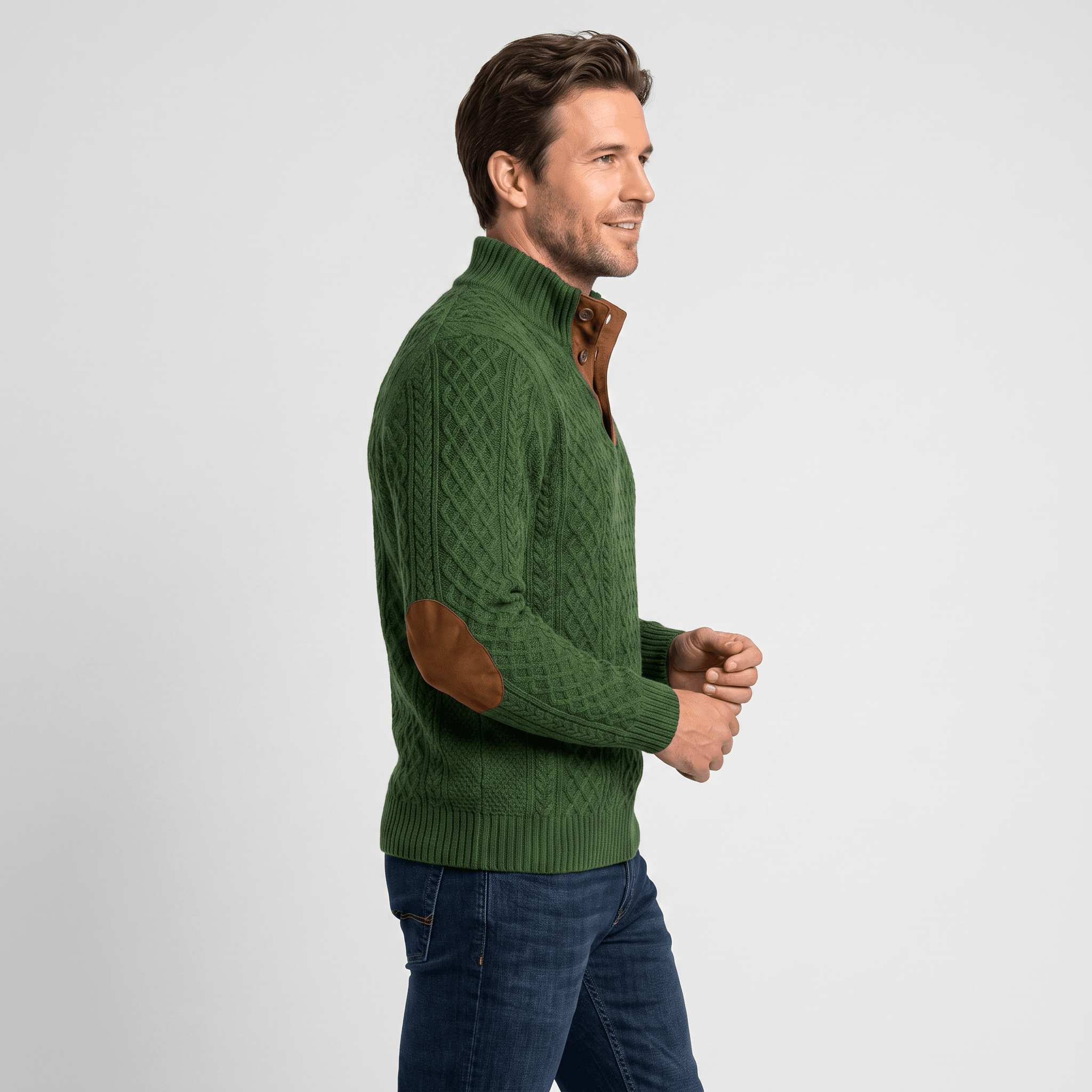 Harrison Cable Knit Sweater – Button Mock Neck Jacquard Pullover