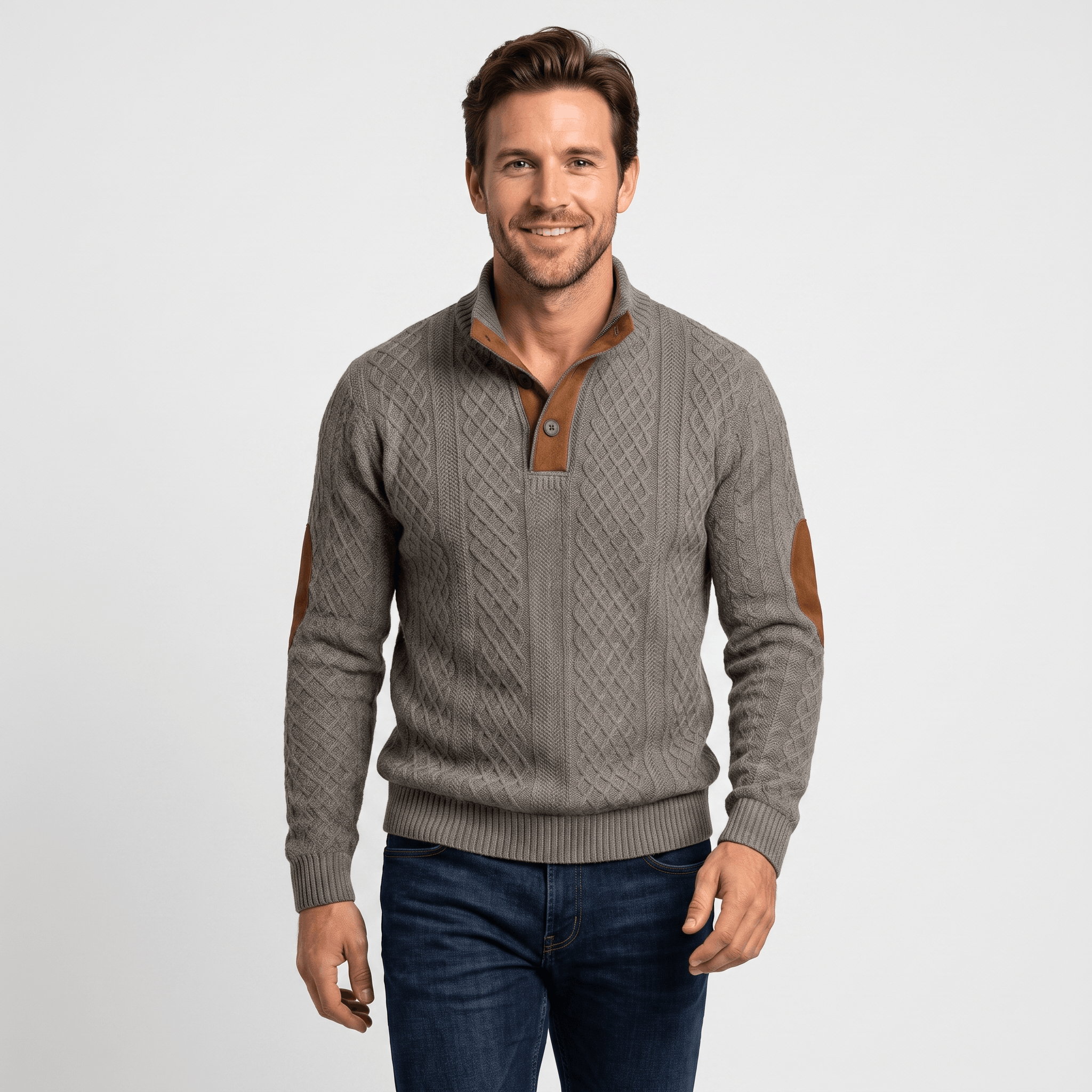 Harrison Cable Knit Sweater – Button Mock Neck Jacquard Pullover