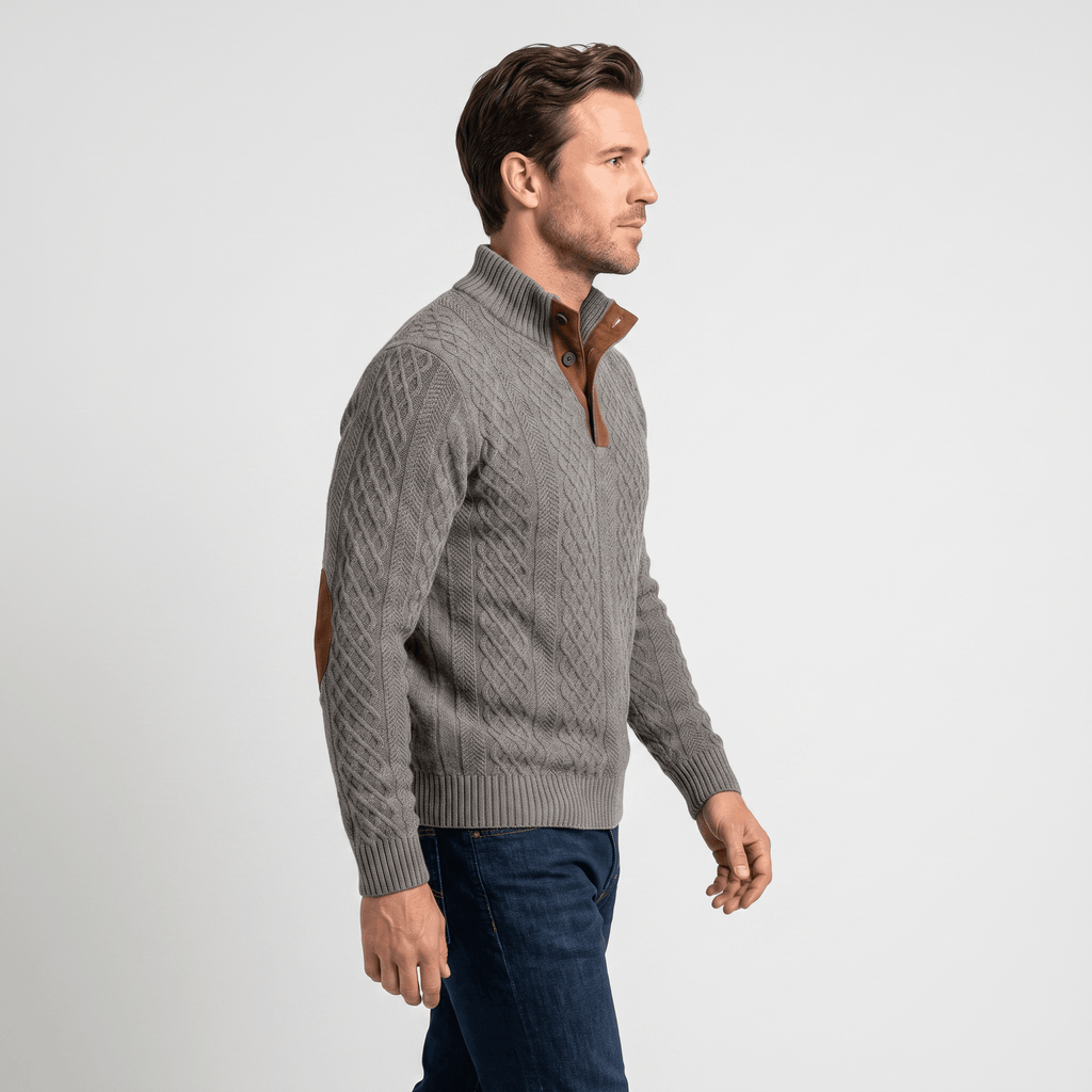 Harrison Cable Knit Sweater – Button Mock Neck Jacquard Pullover