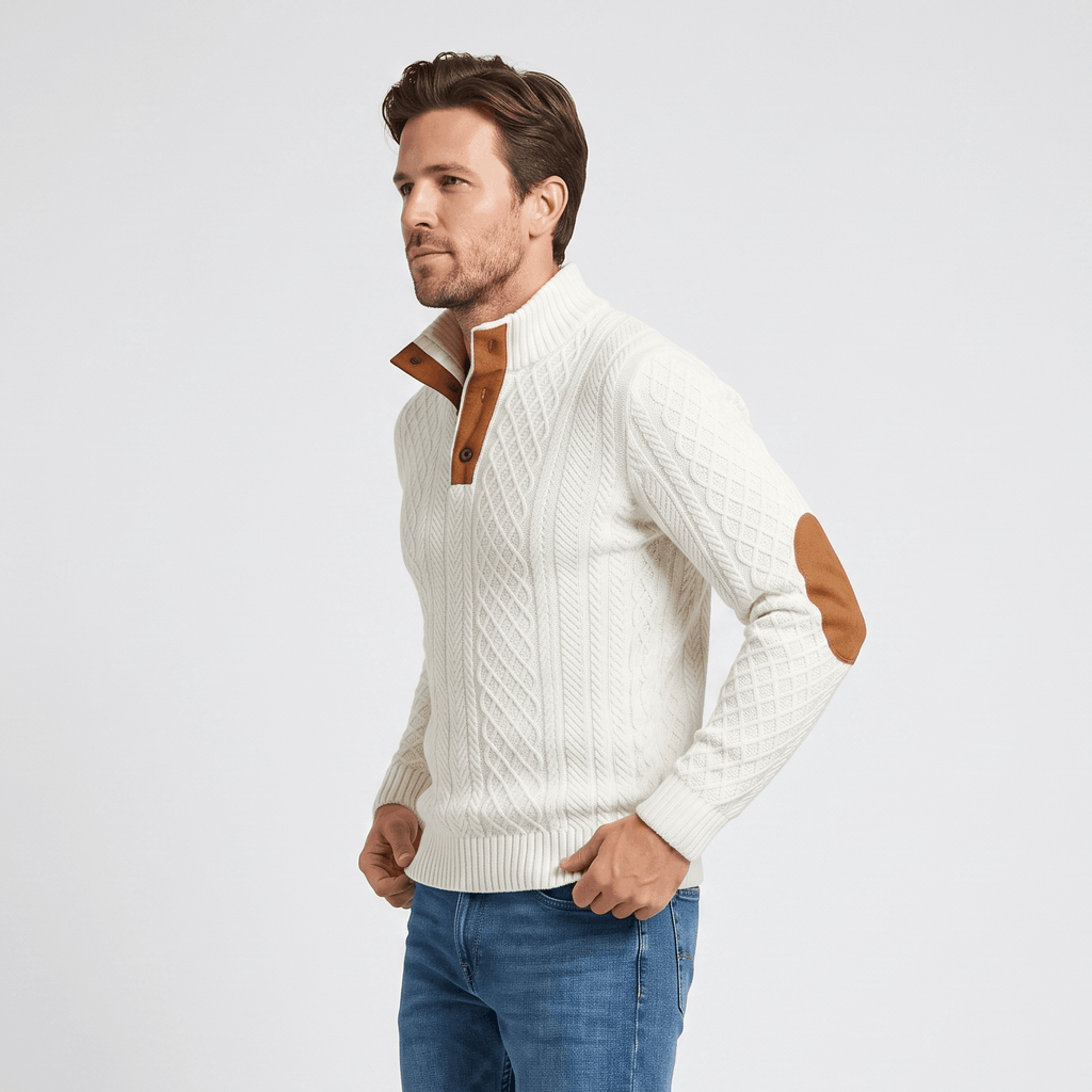 Harrison Cable Knit Sweater – Button Mock Neck Jacquard Pullover