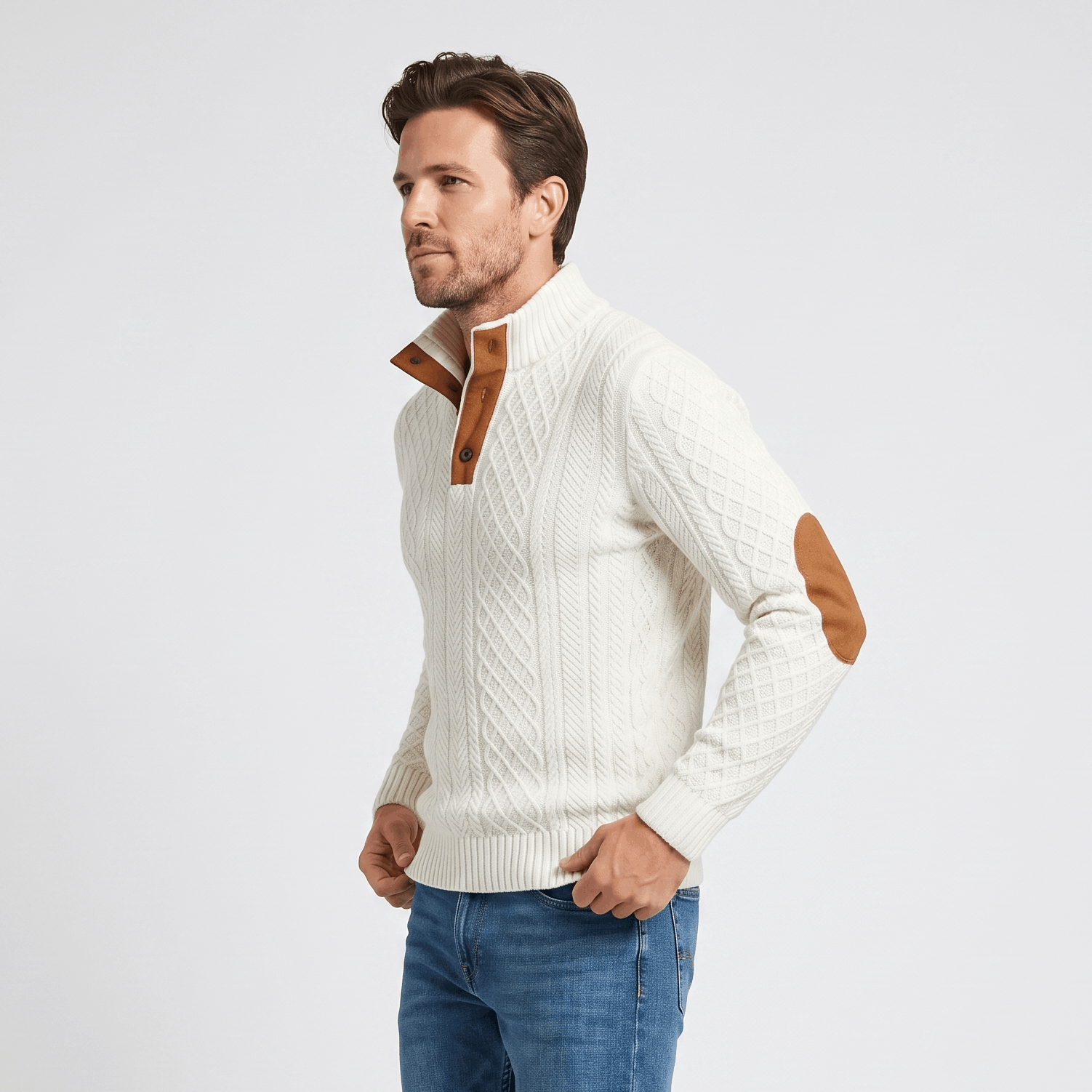 Harrison Cable Knit Sweater – Button Mock Neck Jacquard Pullover