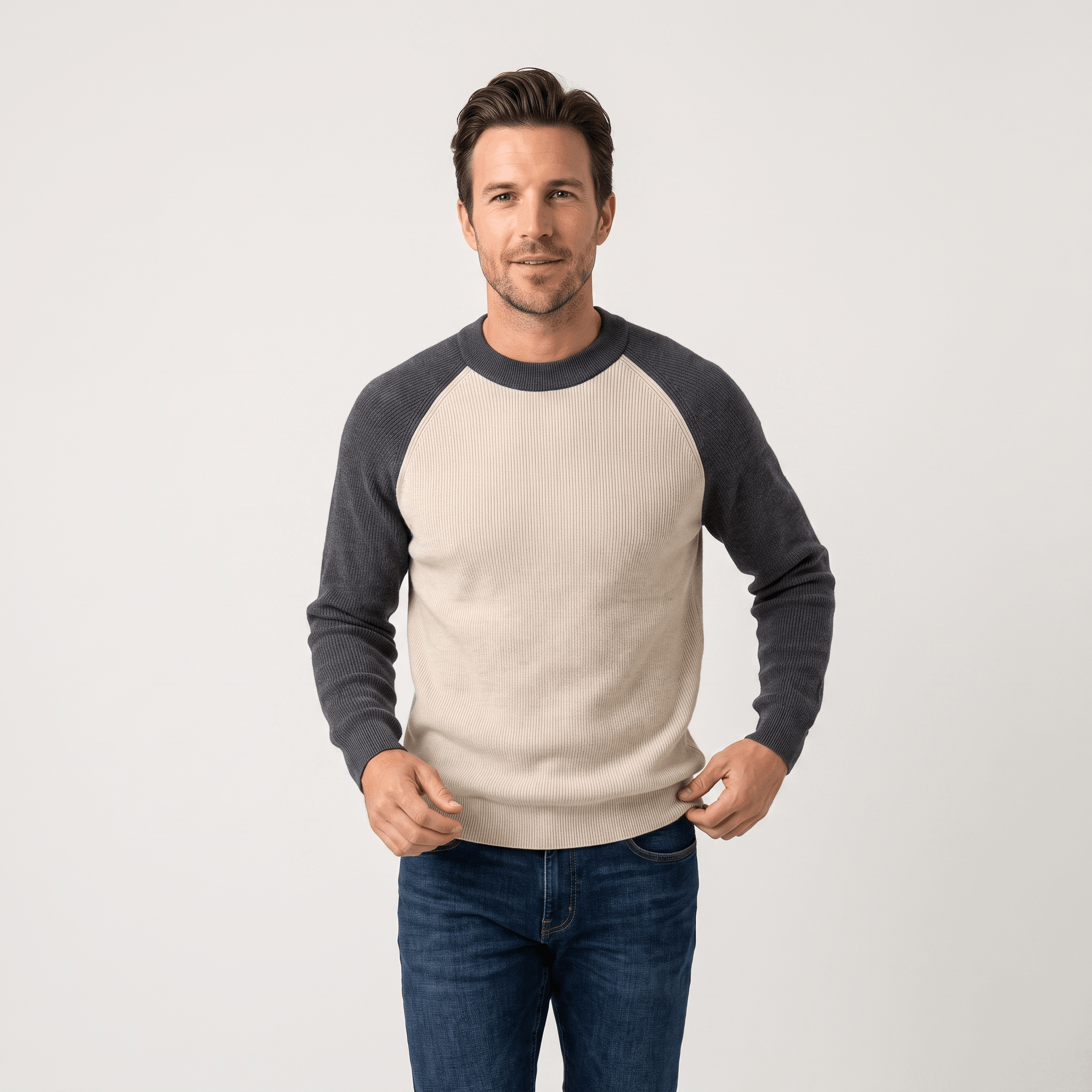 Ruben Wool Blend Sweater – Two-Tone Raglan Crew Neck Pullover