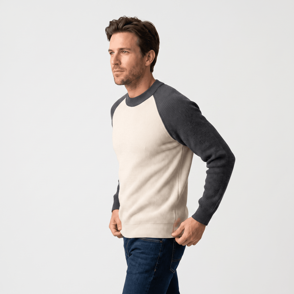 Ruben Wool Blend Sweater – Two-Tone Raglan Crew Neck Pullover