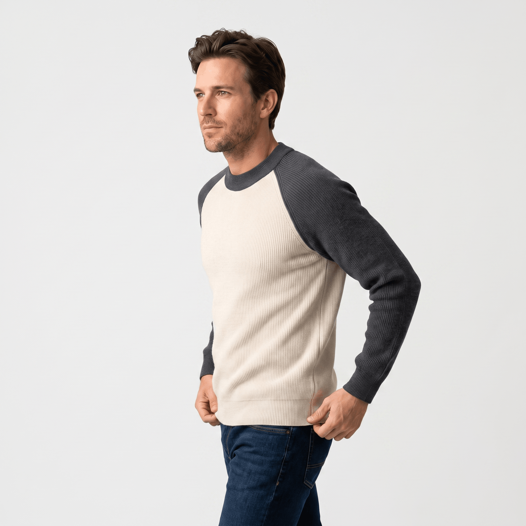 Ruben Wool Blend Sweater – Two-Tone Raglan Crew Neck Pullover