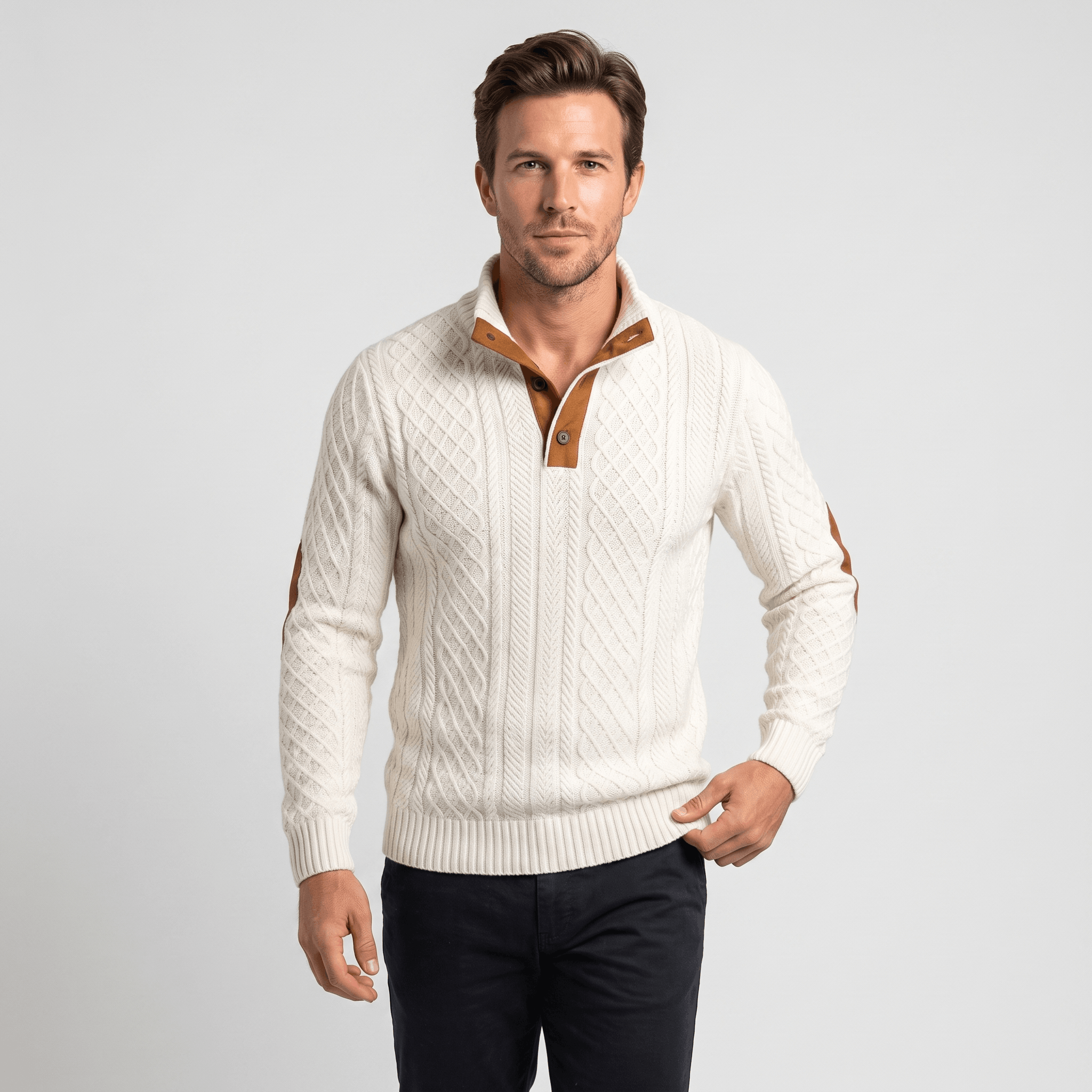 Harrison Cable Knit Sweater – Button Mock Neck Jacquard Pullover