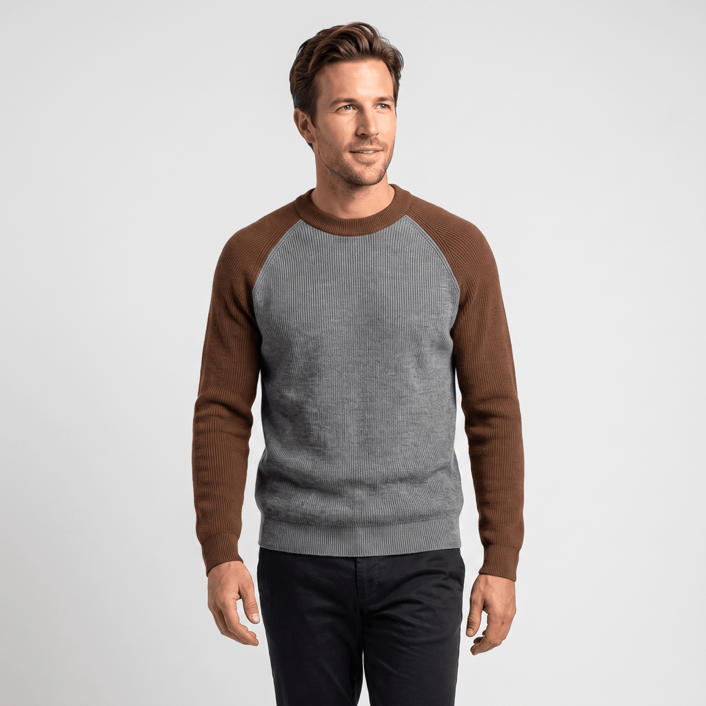 Ruben Wool Blend Sweater – Two-Tone Raglan Crew Neck Pullover