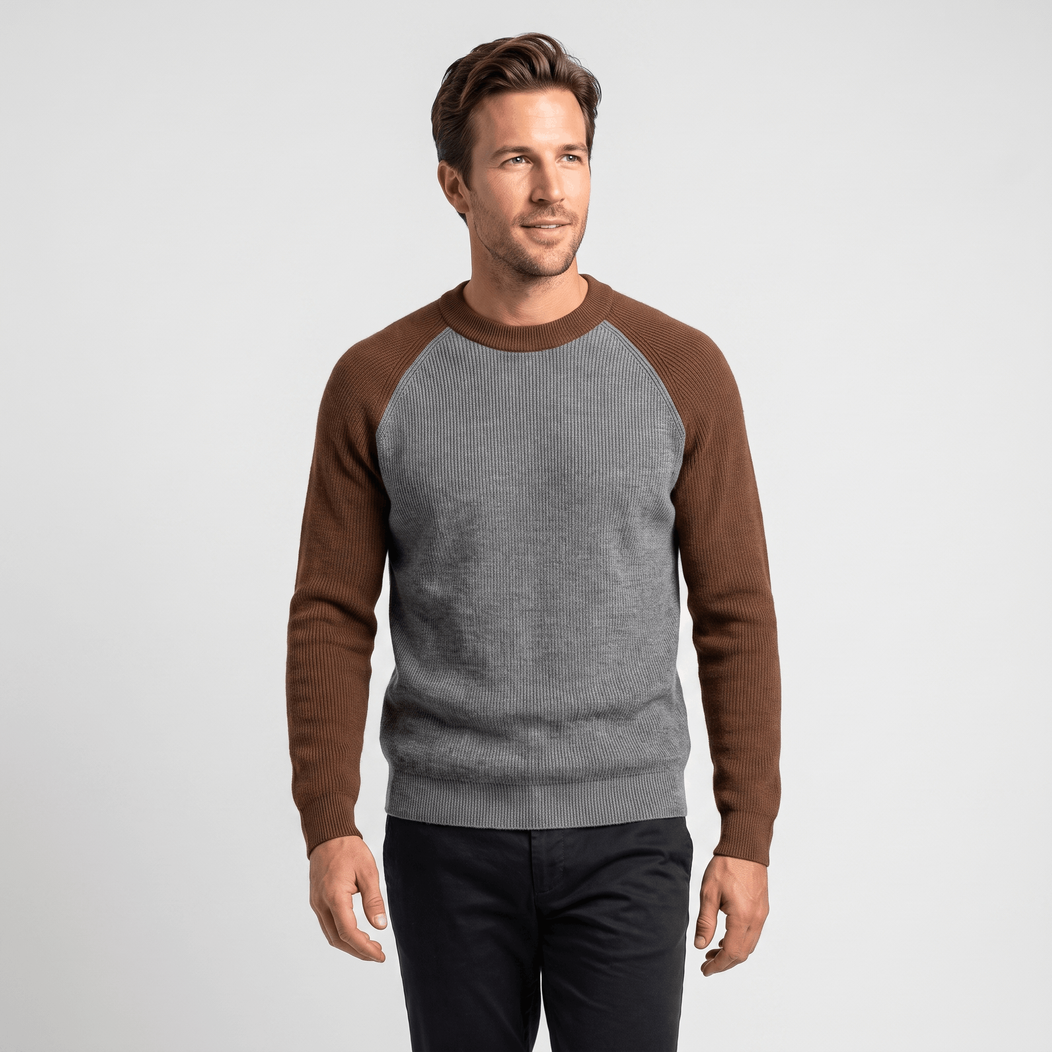 Ruben Wool Blend Sweater – Two-Tone Raglan Crew Neck Pullover