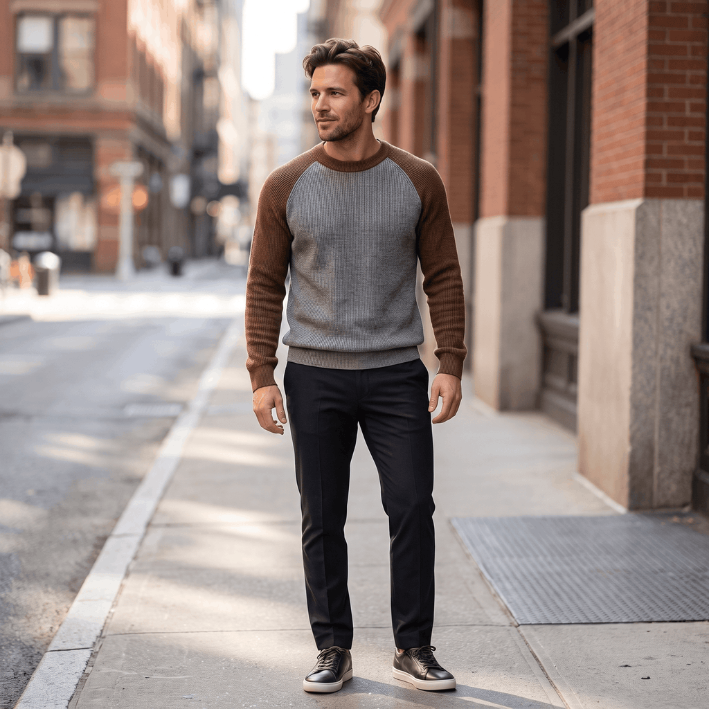 Ruben Wool Blend Sweater – Two-Tone Raglan Crew Neck Pullover