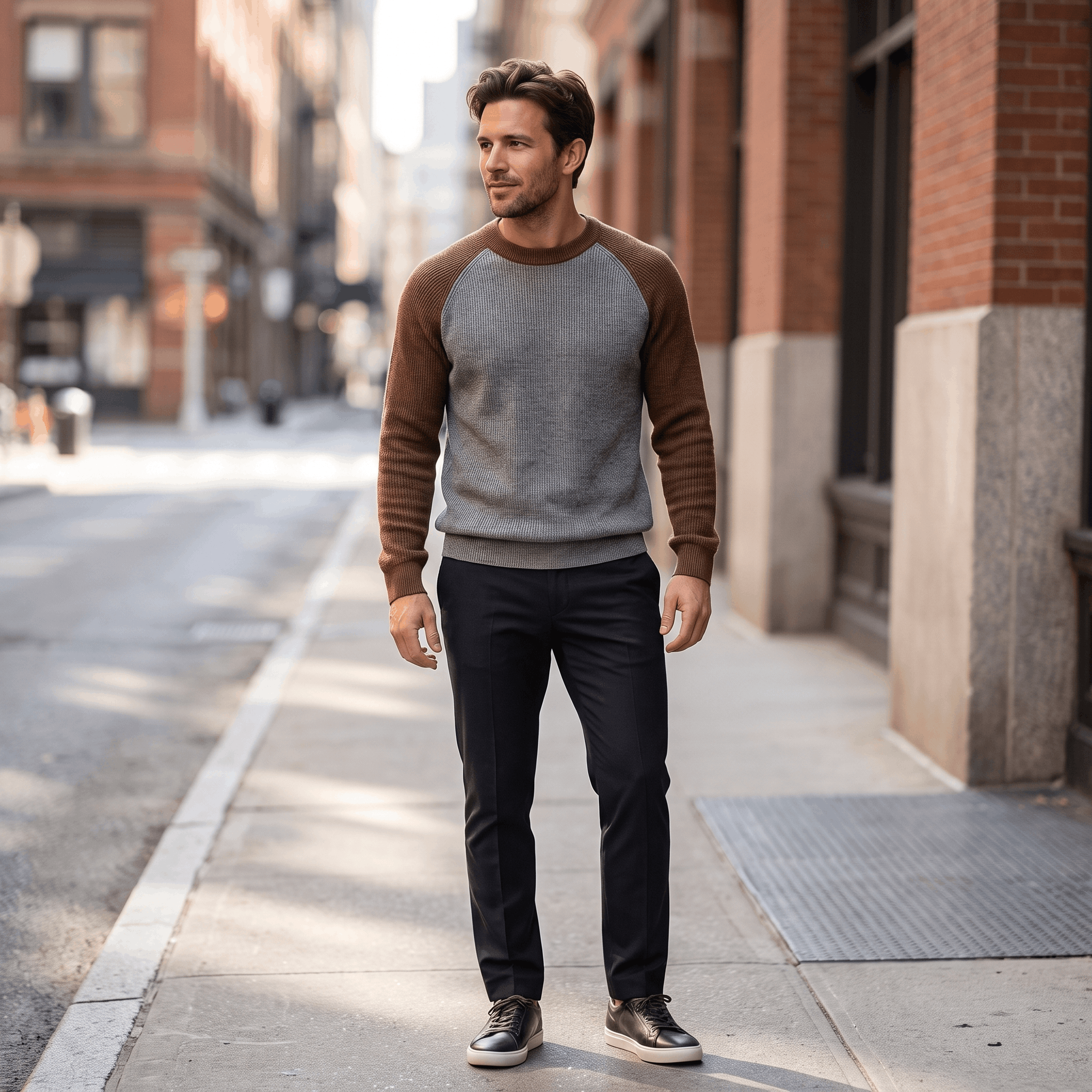 Ruben Wool Blend Sweater – Two-Tone Raglan Crew Neck Pullover