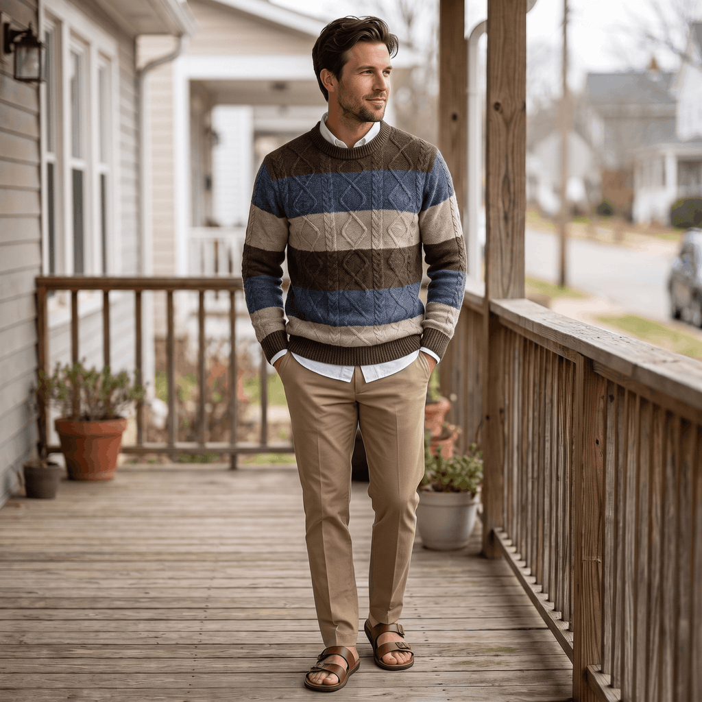 Philippe Wool Blend Sweater – Jacquard Stripe Crew Neck Pullover