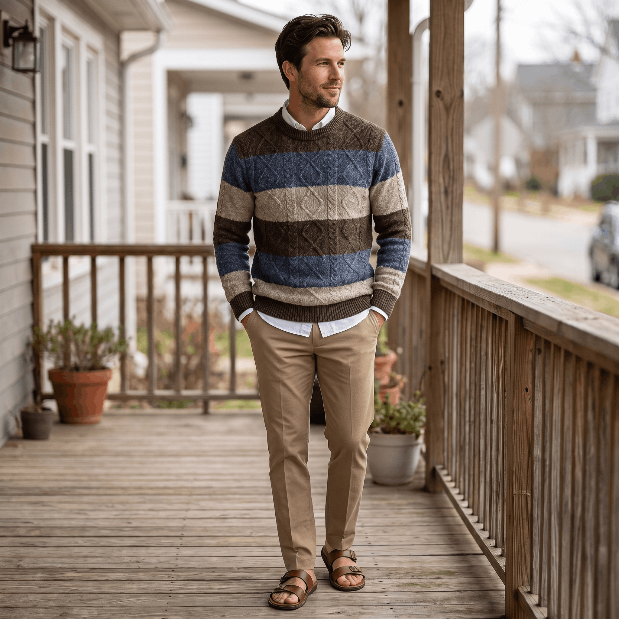 Philippe Wool Blend Sweater – Jacquard Stripe Crew Neck Pullover