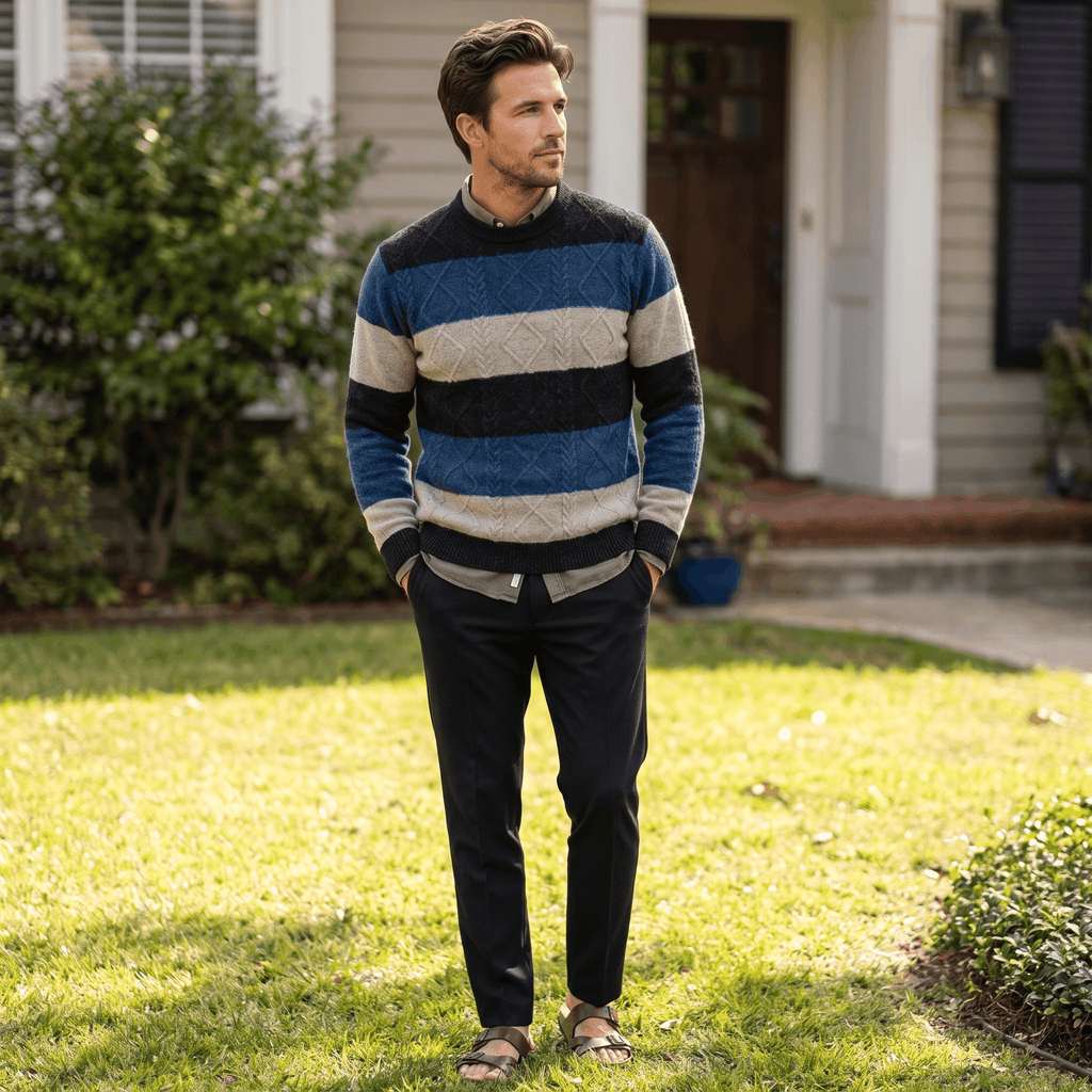 Philippe Wool Blend Sweater – Jacquard Stripe Crew Neck Pullover
