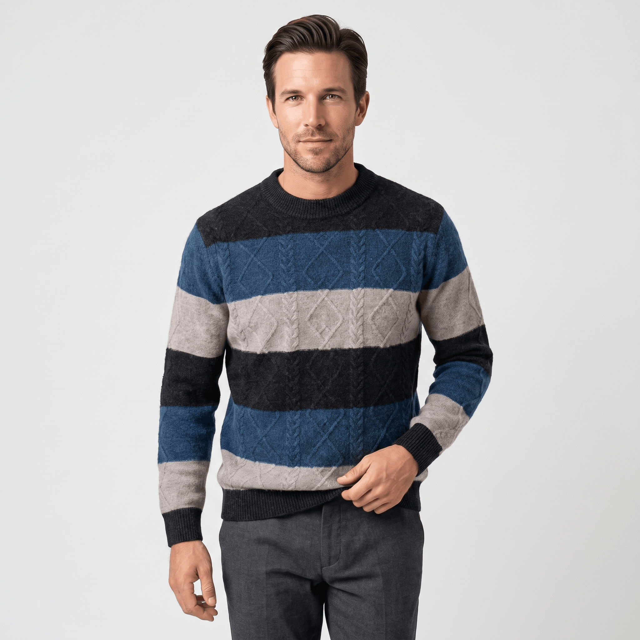 Philippe Wool Blend Sweater – Jacquard Stripe Crew Neck Pullover