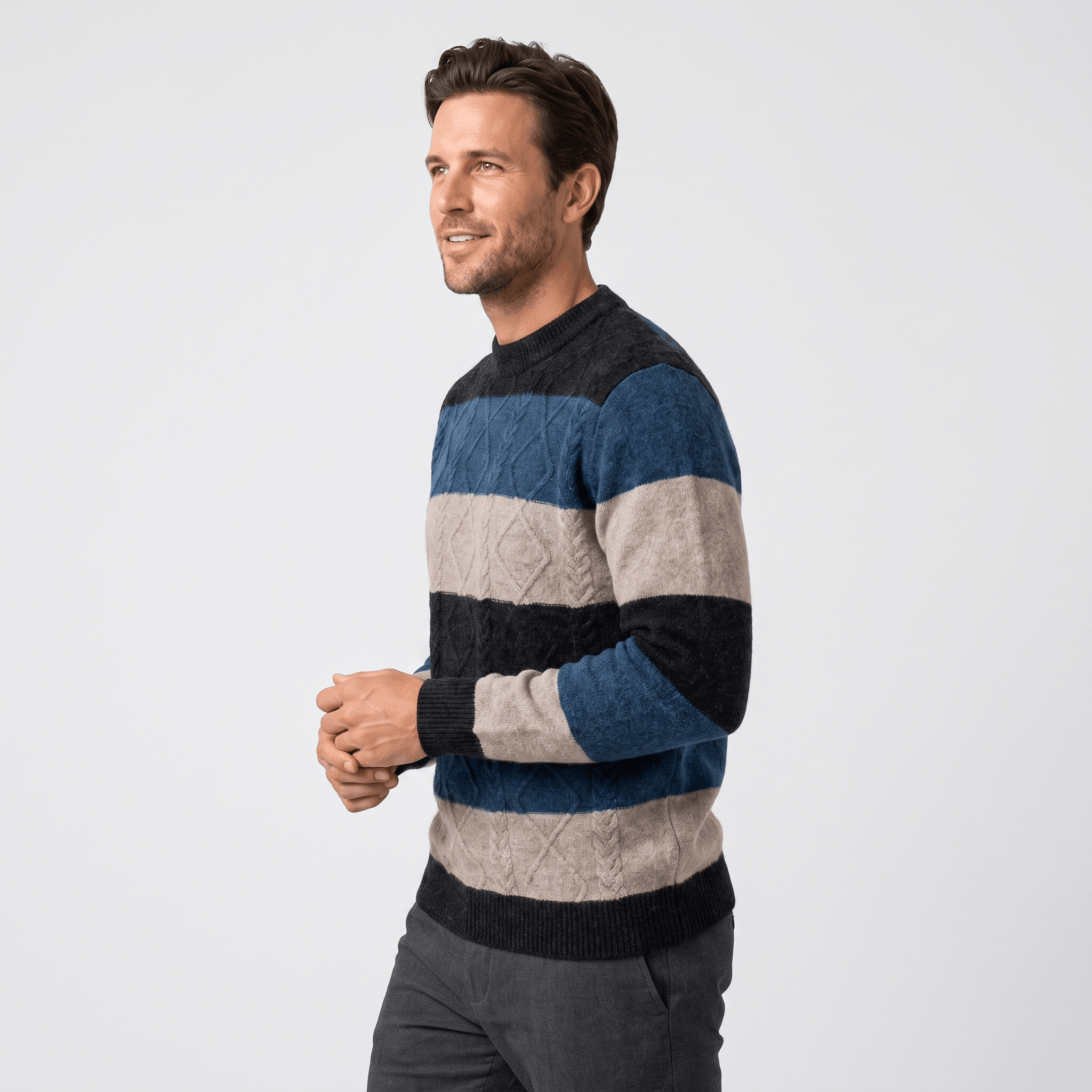 Philippe Wool Blend Sweater – Jacquard Stripe Crew Neck Pullover