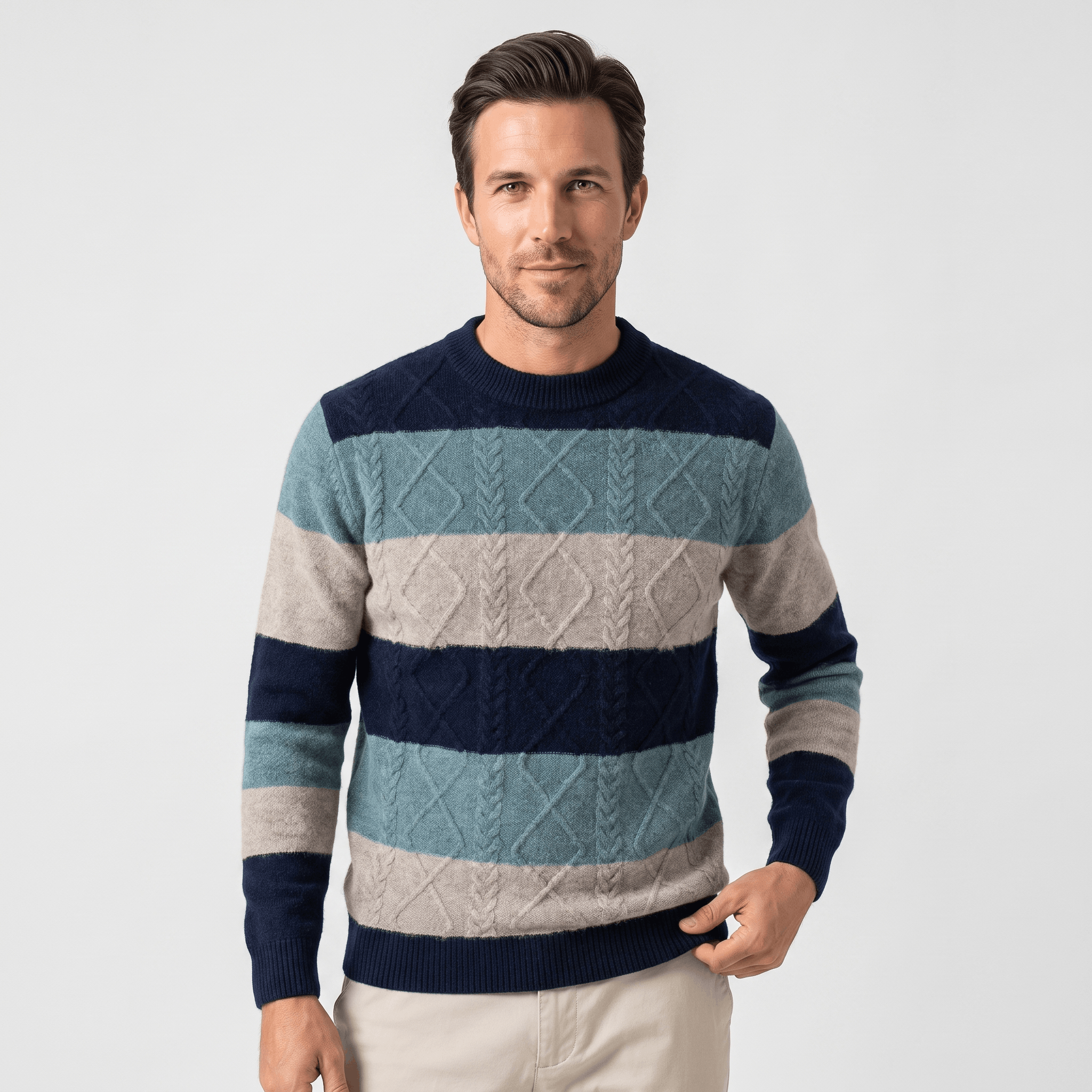 Philippe Wool Blend Sweater – Jacquard Stripe Crew Neck Pullover