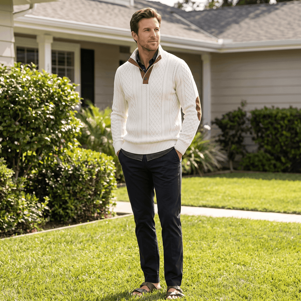 Harrison Cable Knit Sweater – Button Mock Neck Jacquard Pullover