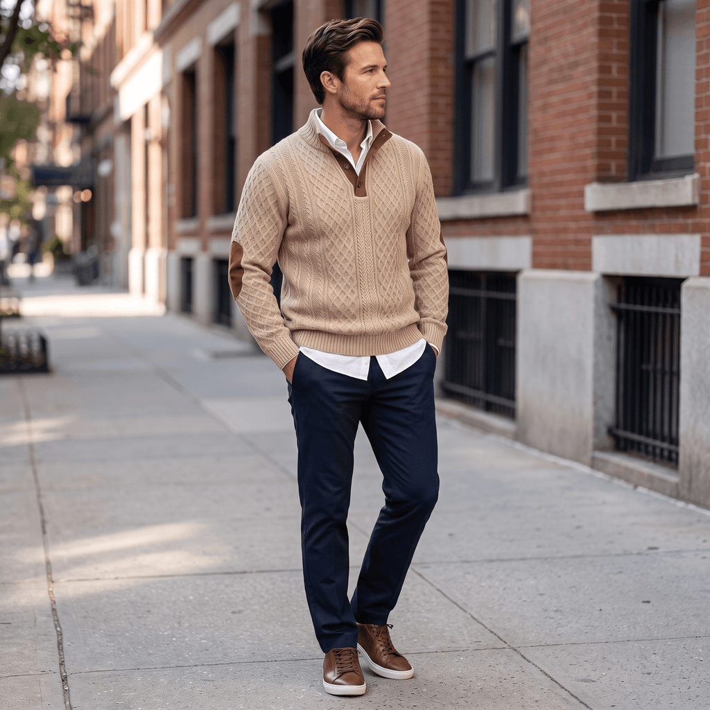 Harrison Cable Knit Sweater – Button Mock Neck Jacquard Pullover