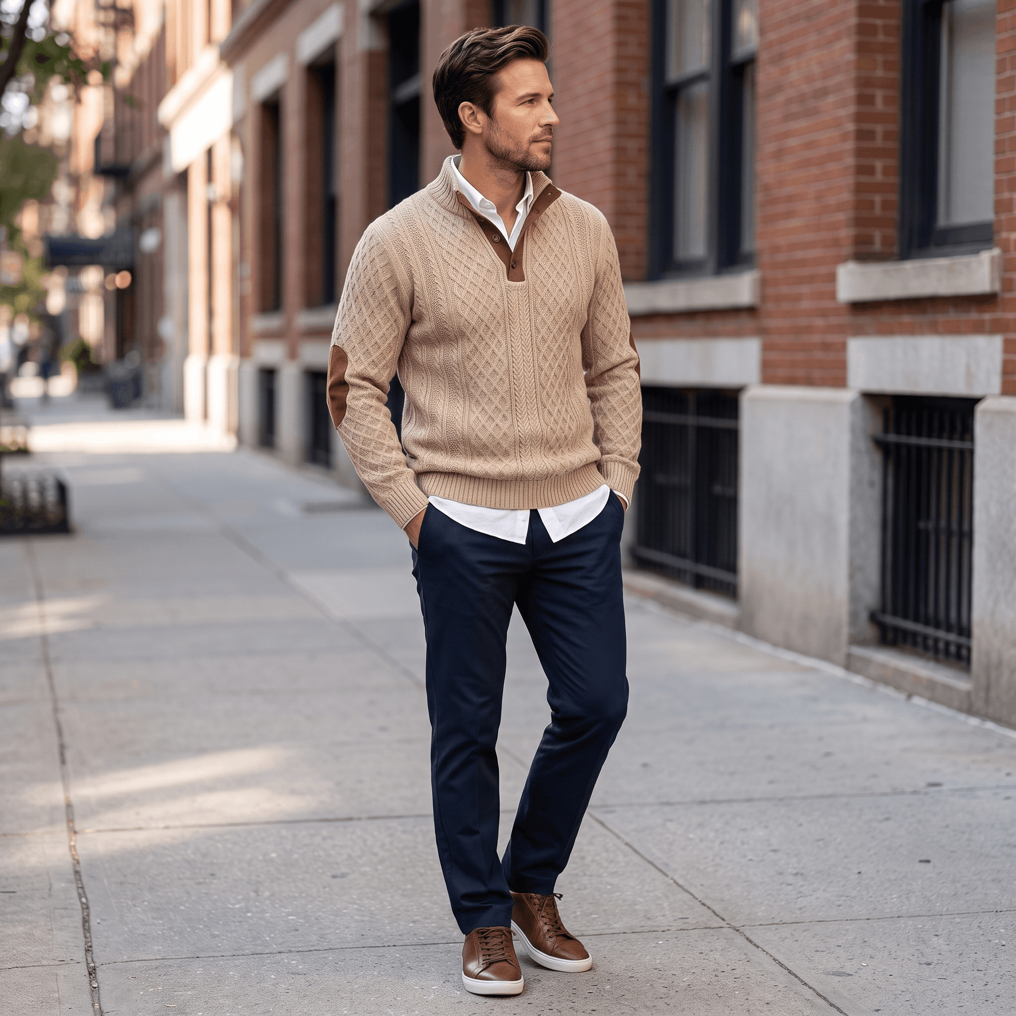 Harrison Cable Knit Sweater – Button Mock Neck Jacquard Pullover