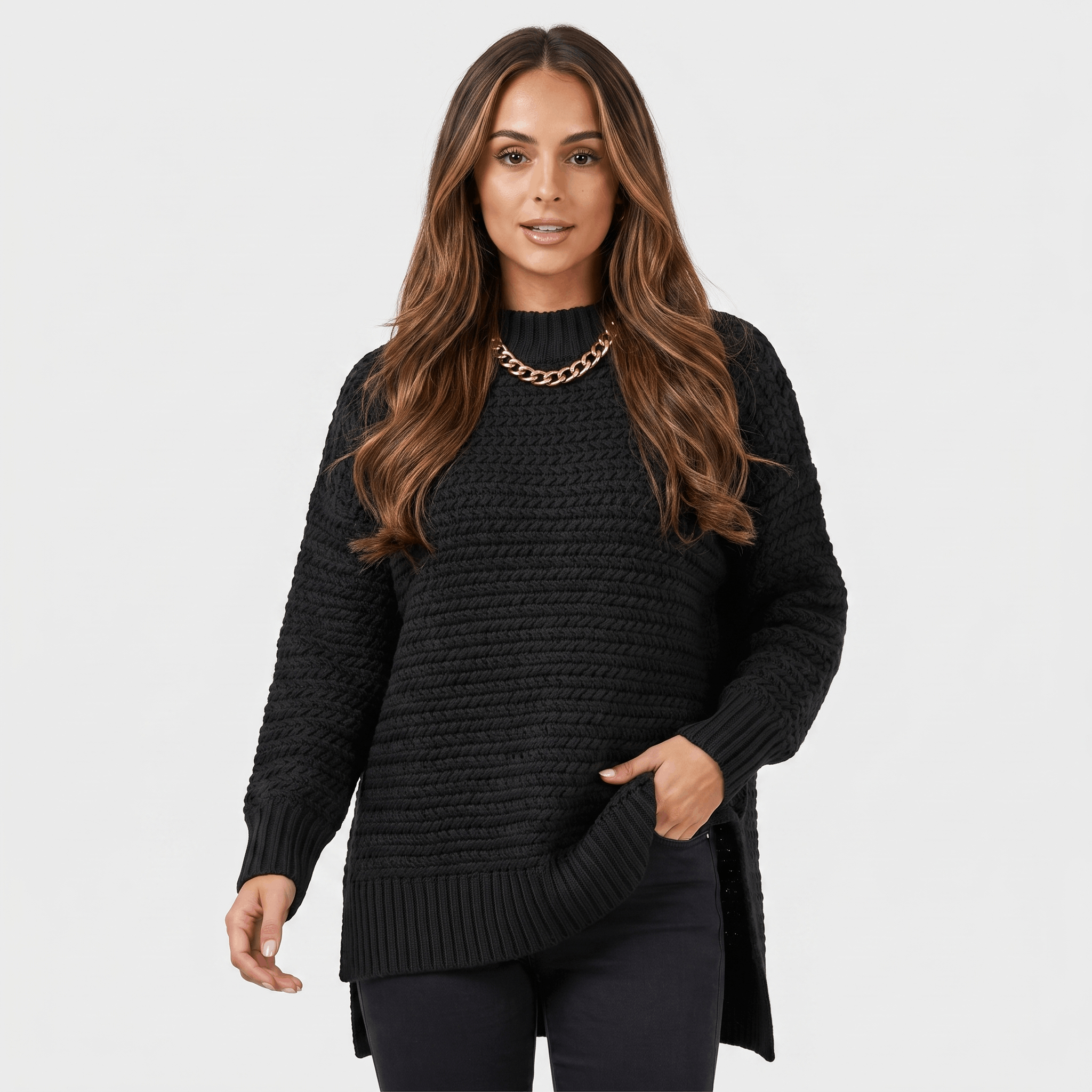 Seraphina Chunky Knit Sweater – Mock Neck Slit Pullover