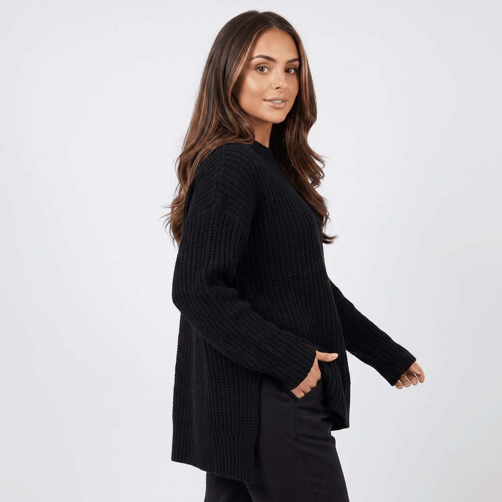 Seraphina Chunky Knit Sweater – Mock Neck Slit Pullover