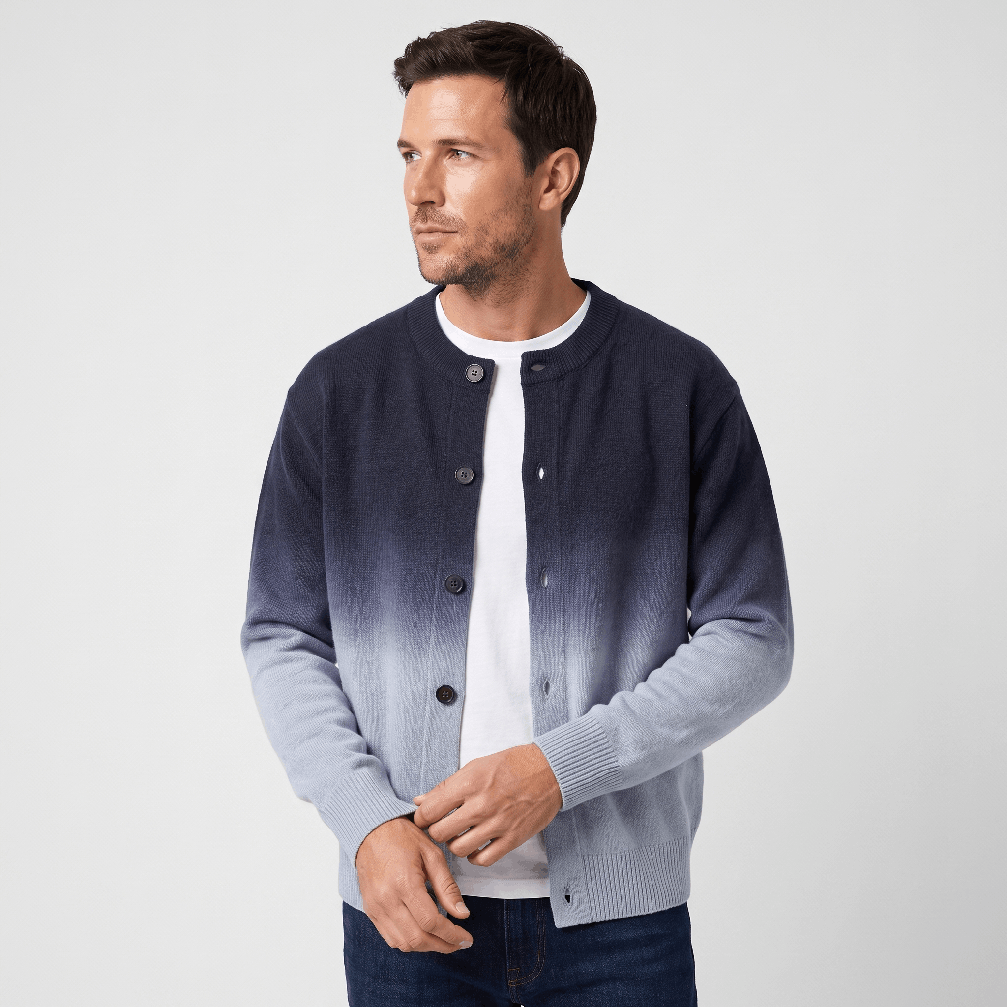 Emerson Ombre Knit Cardigan – Gradient Crew Neck Button Front