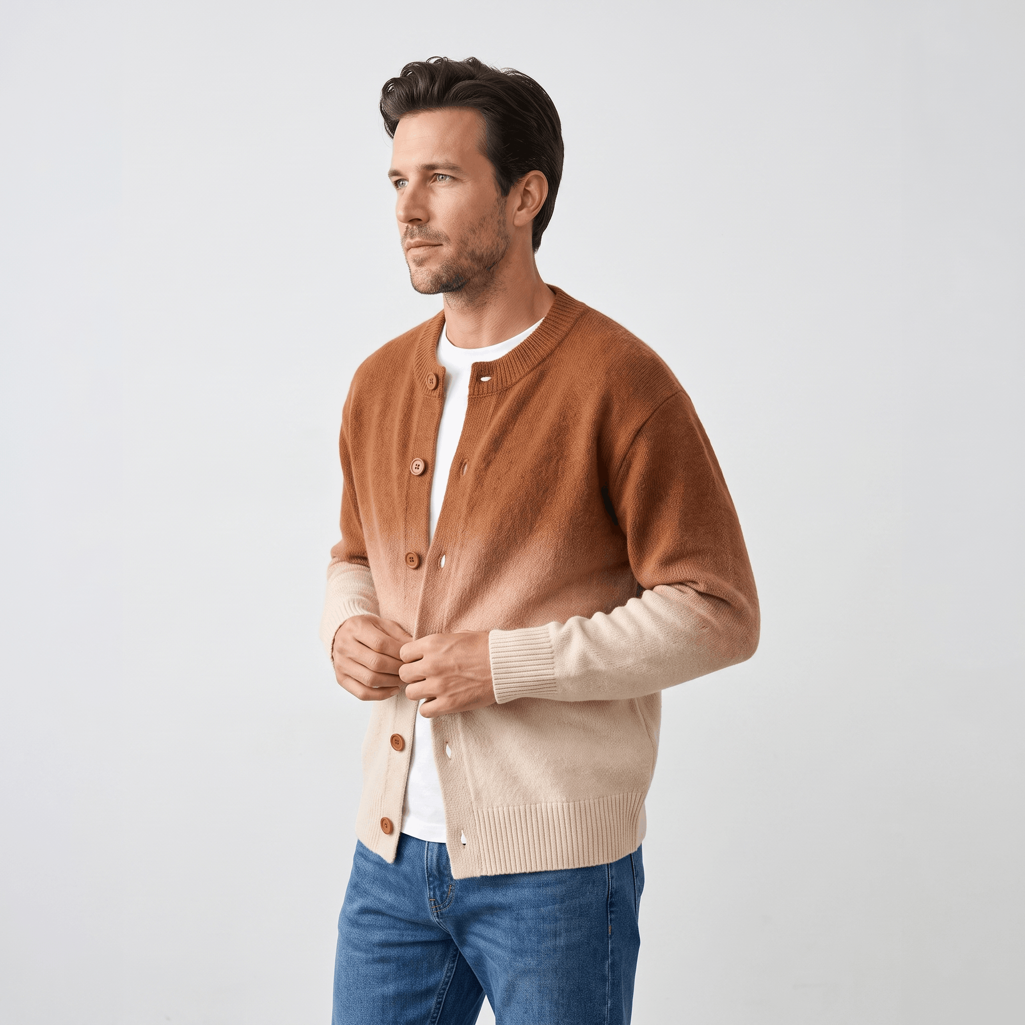 Emerson Ombre Knit Cardigan – Gradient Crew Neck Button Front