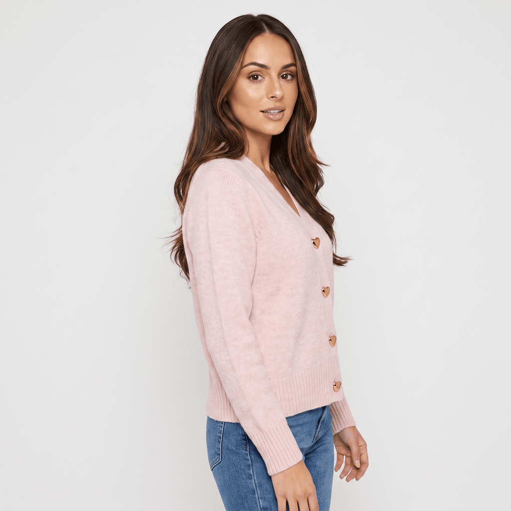 Leila V-Neck Soft Knit Cardigan – Heart Button Topper