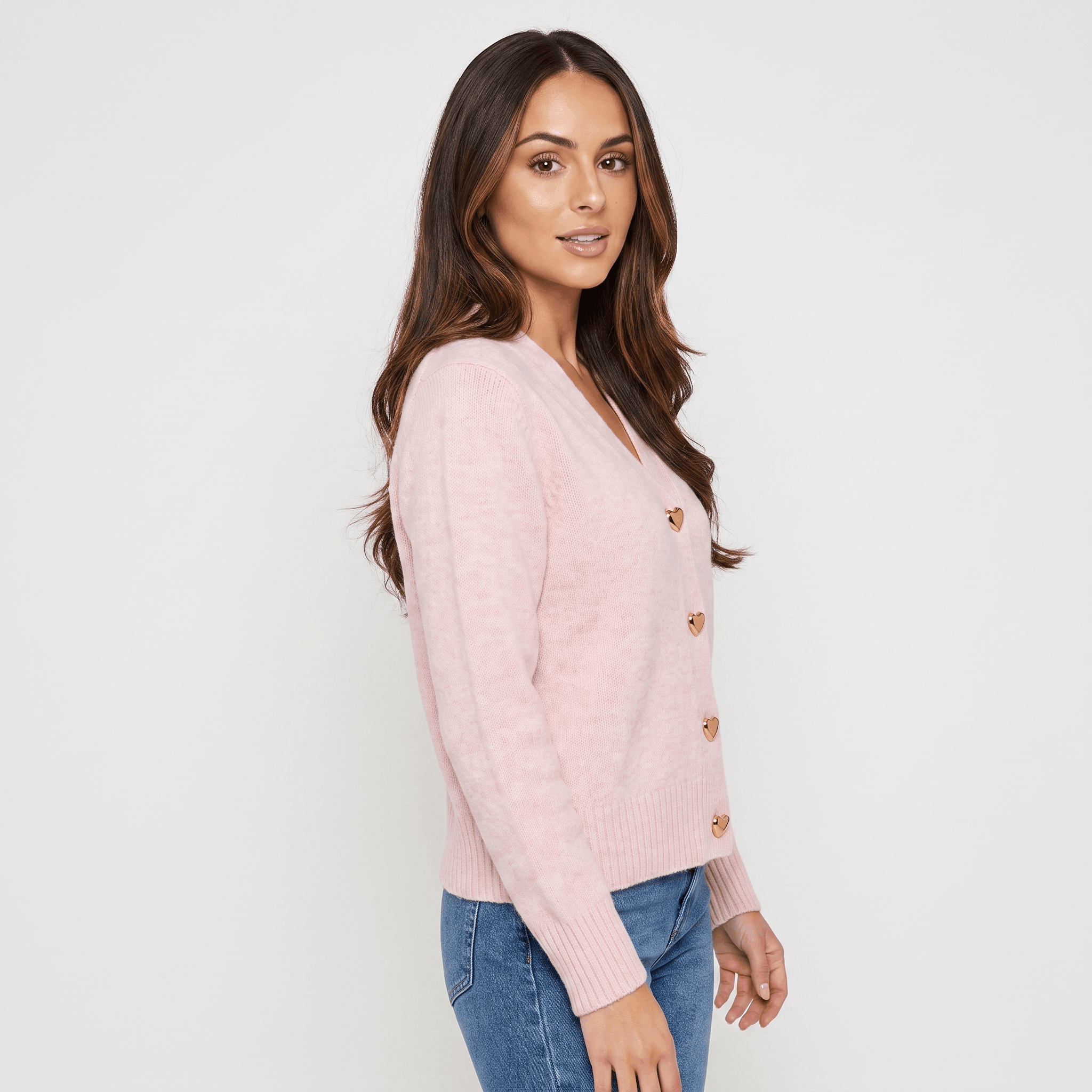 Leila V-Neck Soft Knit Cardigan – Heart Button Topper