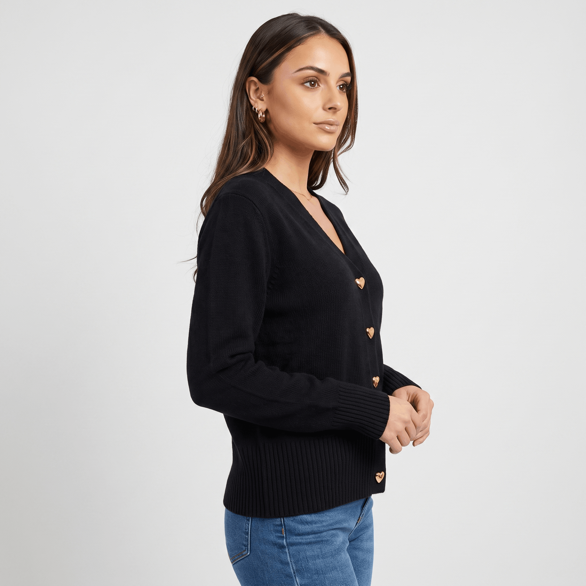Leila V-Neck Soft Knit Cardigan – Heart Button Topper