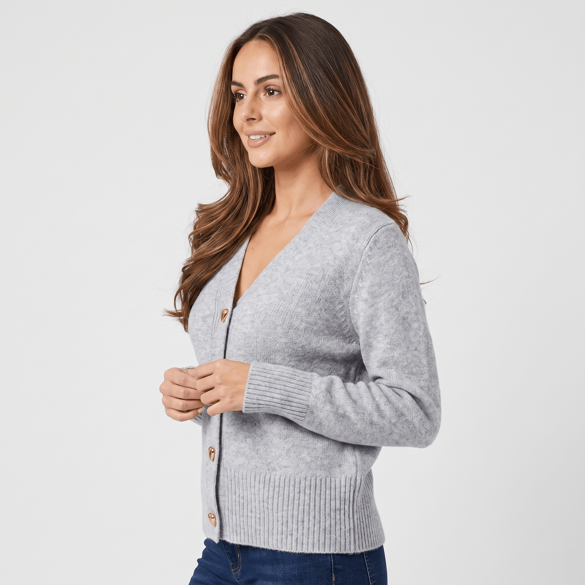 Leila V-Neck Soft Knit Cardigan – Heart Button Topper